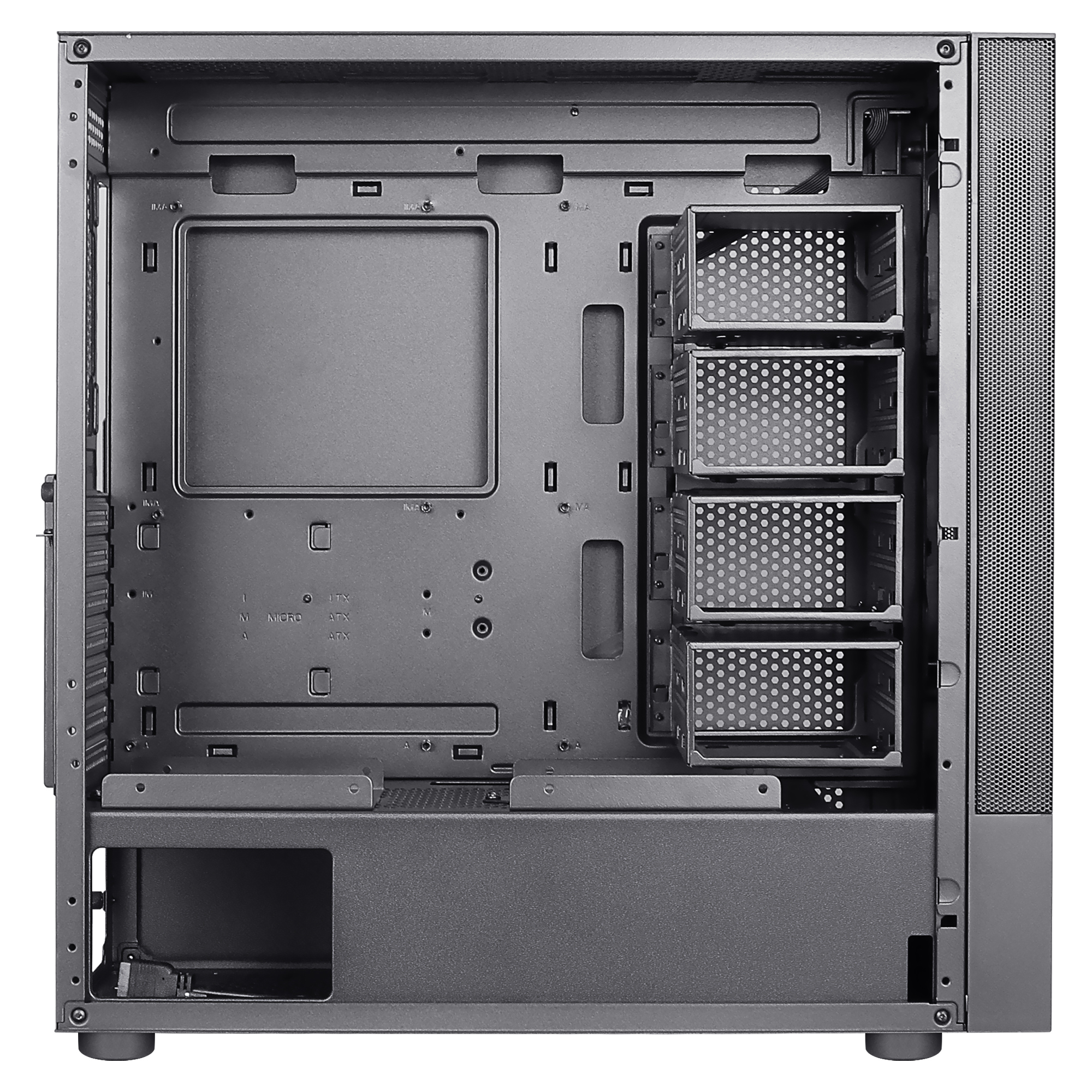 L'interno di un case per computer grigio, vuoto e pronto per i componenti.