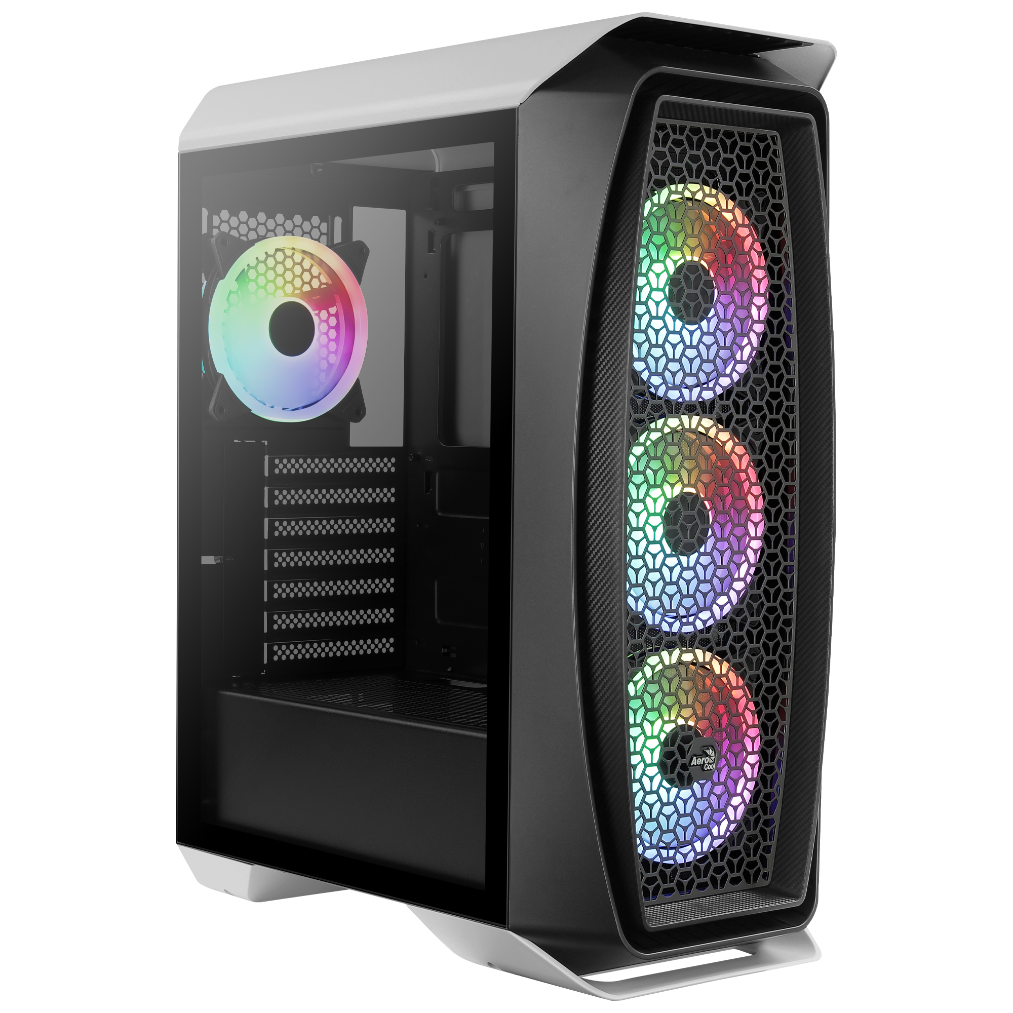 Czarno-biała obudowa komputera z wentylatorami RGB z przodu. Posiada szklany panel boczny.