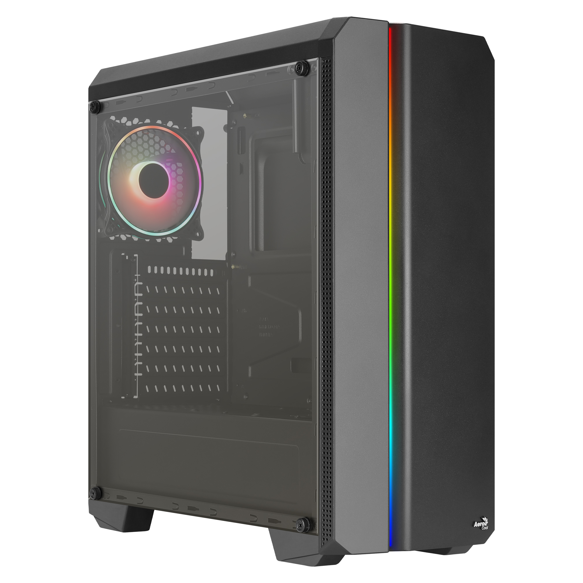 Case PC nero con pannello laterale in vetro, ventola arcobaleno e striscia LED.