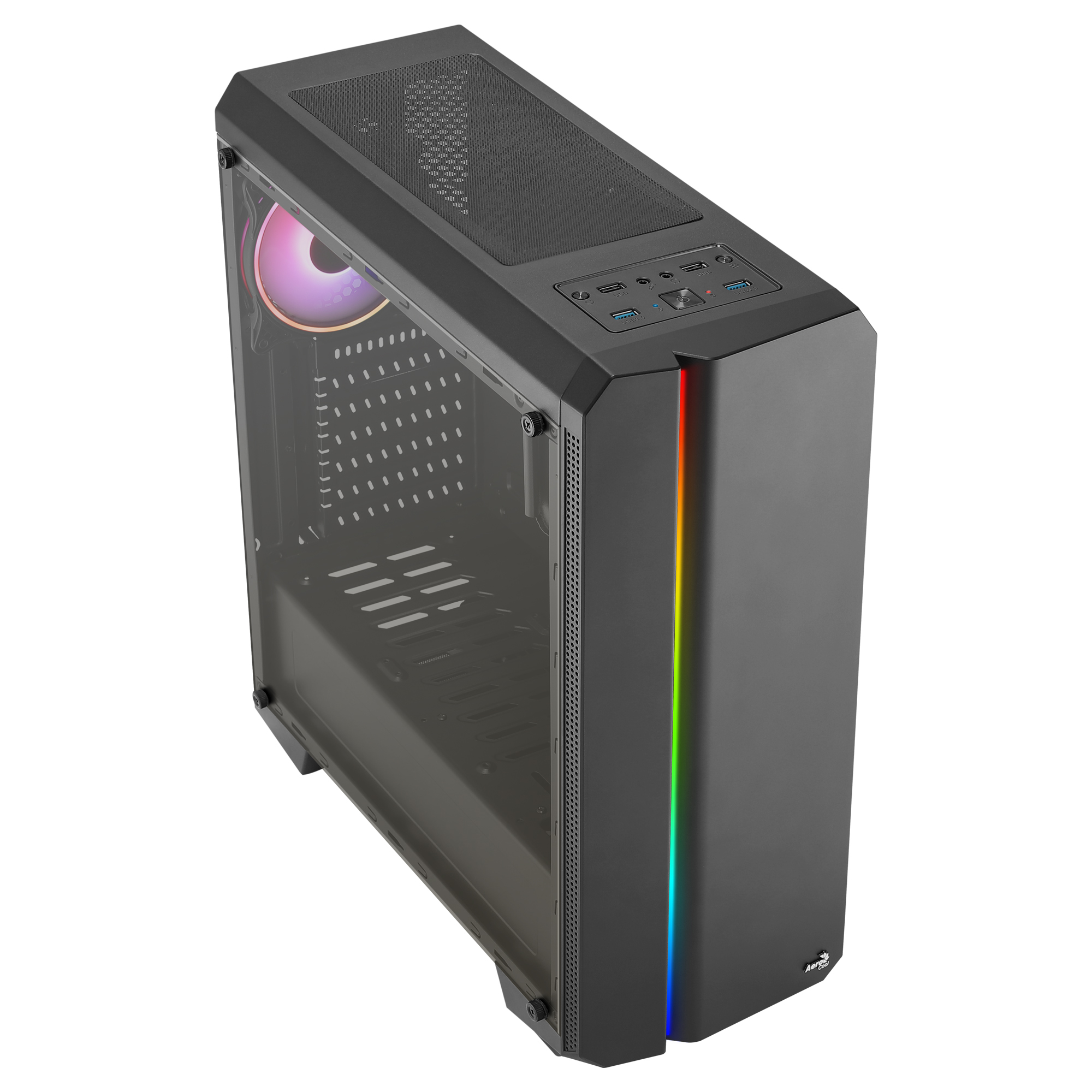 Un case per computer nero con pannello in vetro e striscia luminosa RGB.