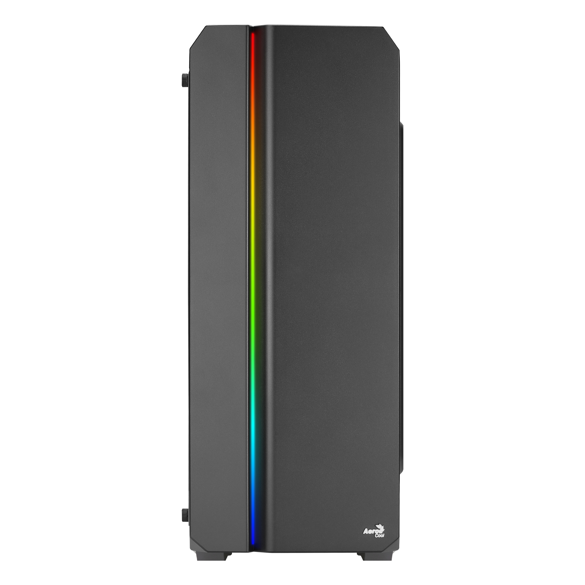 Case PC nero con una striscia luminosa RGB verticale e il logo AeroCool.