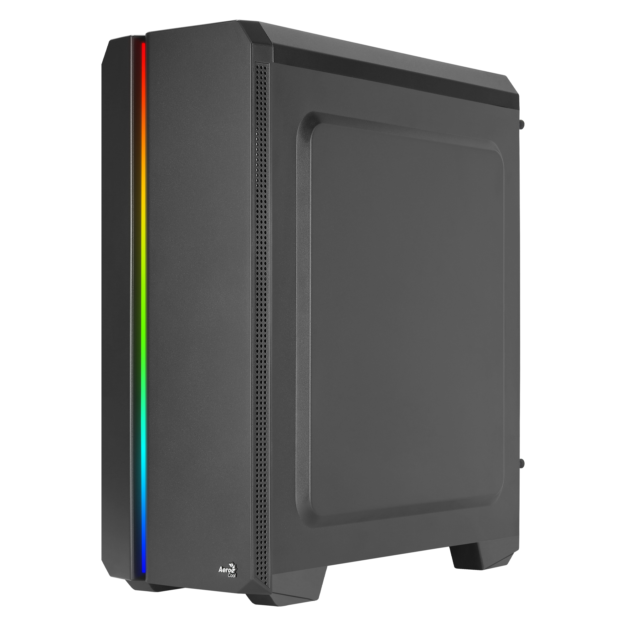 Case per computer nero con una striscia LED verticale dai colori arcobaleno.