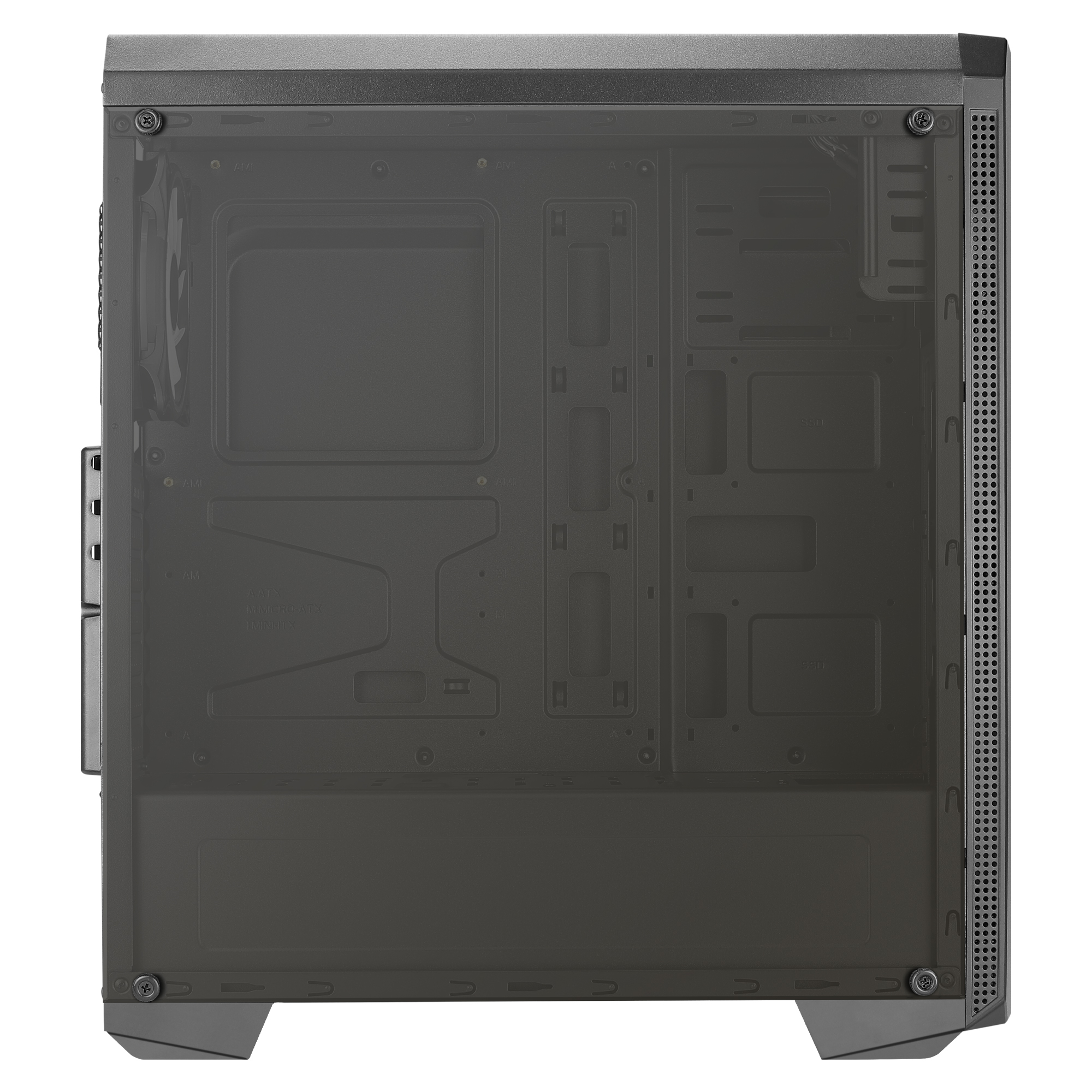 Un case per computer, il pannello laterale è trasparente, rivelando l'interno.