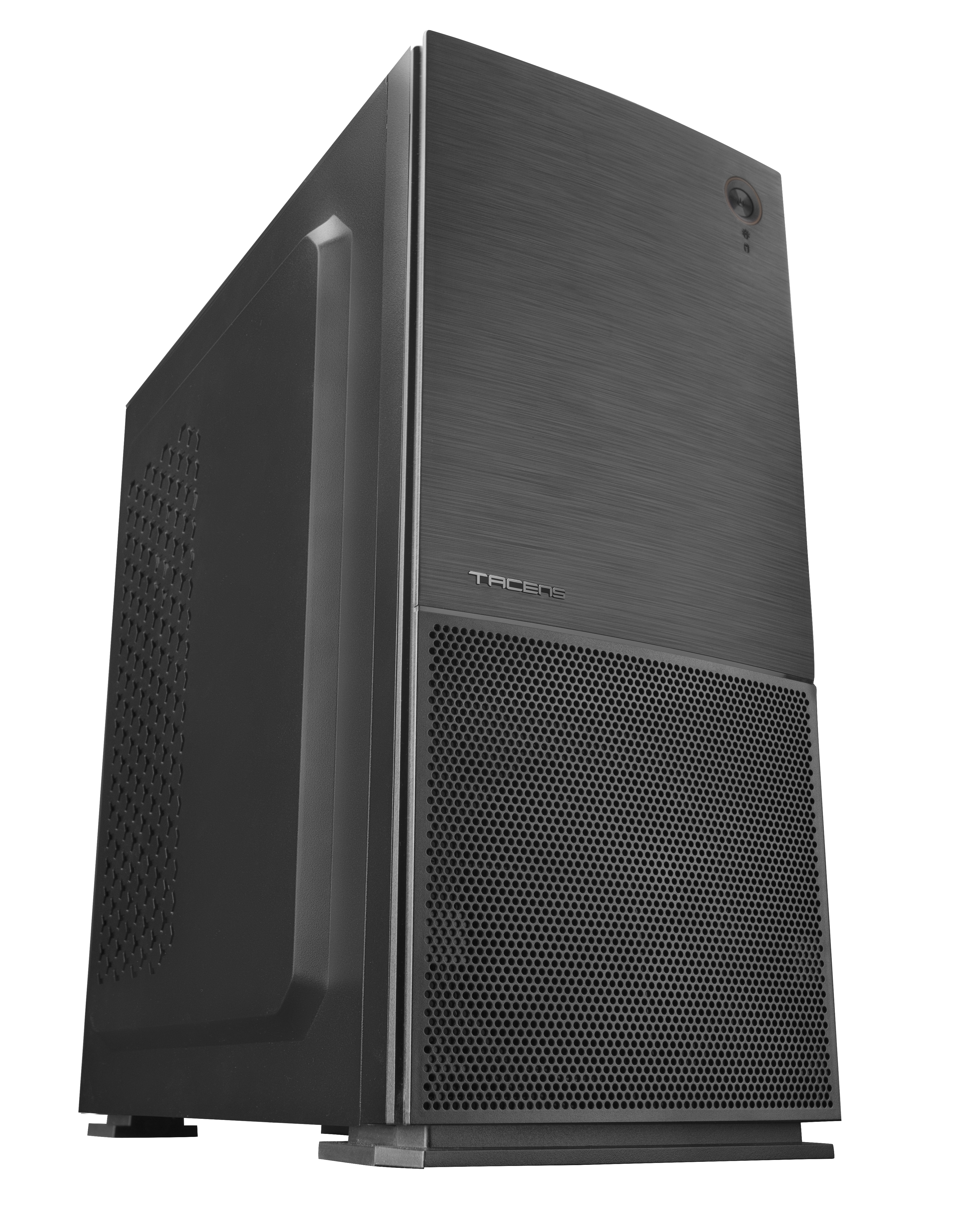 Case per computer nero. Pannello frontale a rete, pannello laterale con prese d'aria e pulsante di accensione in alto.