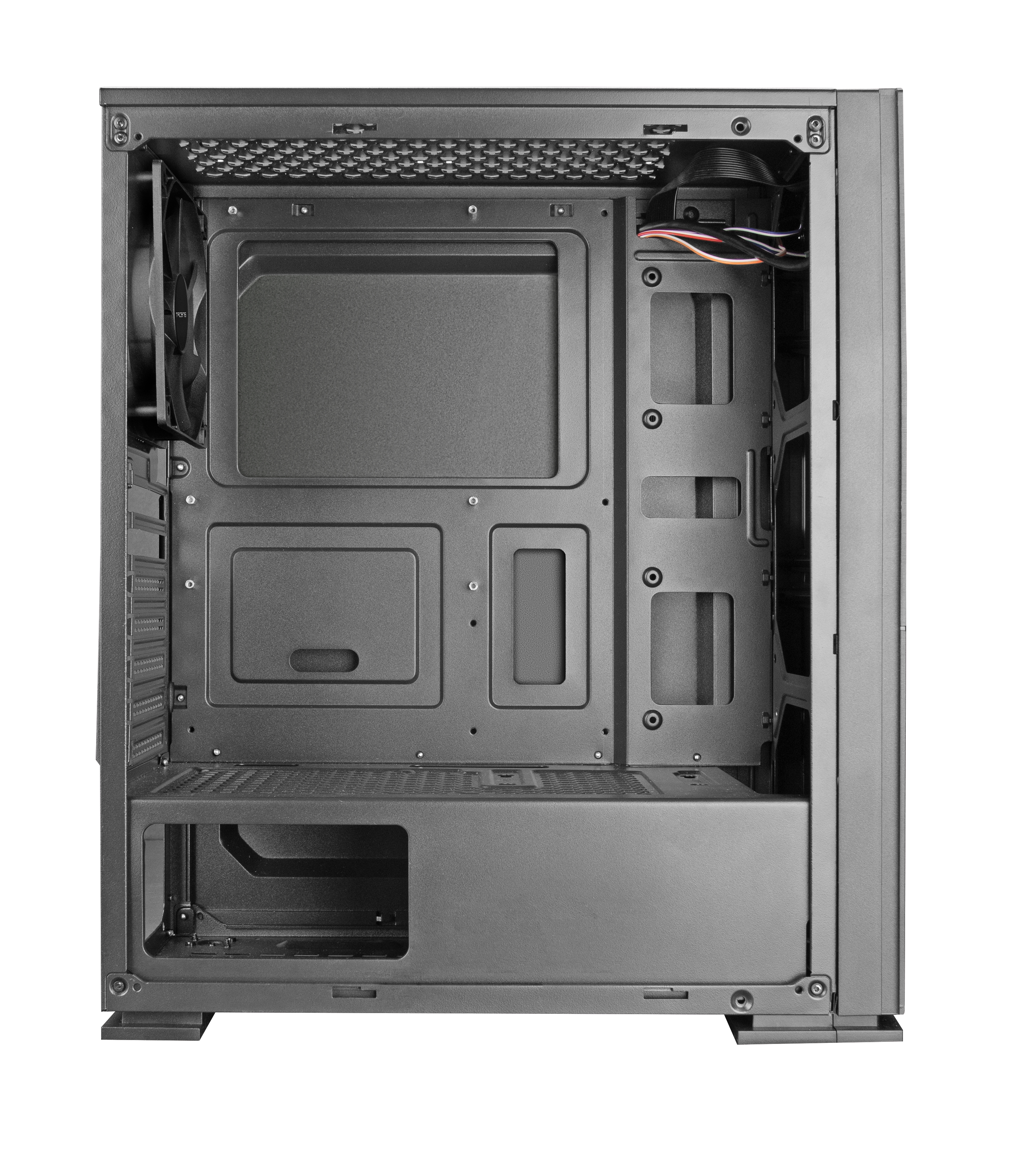 Interno di un case per computer nero, con aree di montaggio.