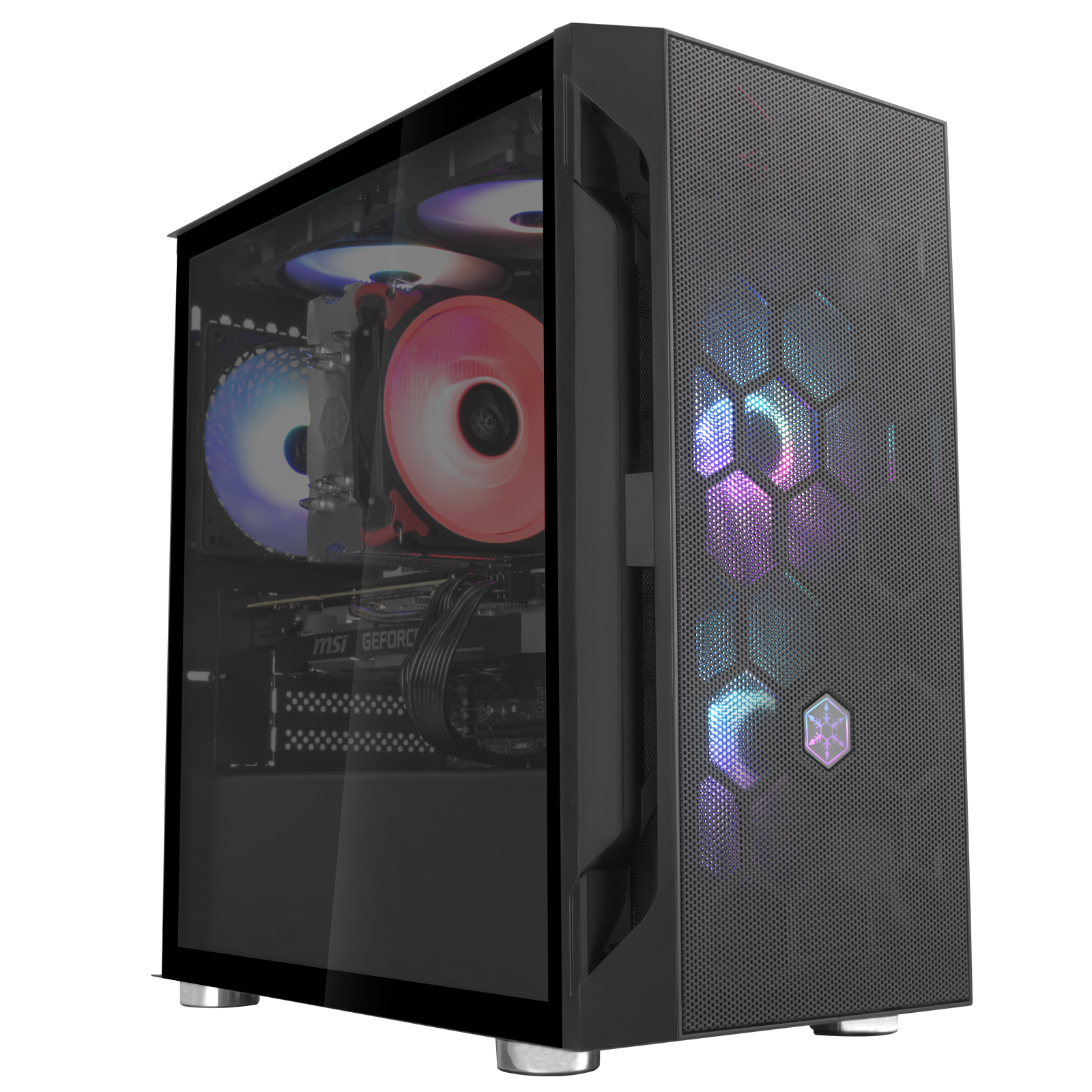 Case PC nero con pannello laterale in vetro, componenti interni visibili: ventole, GPU e scheda madre.