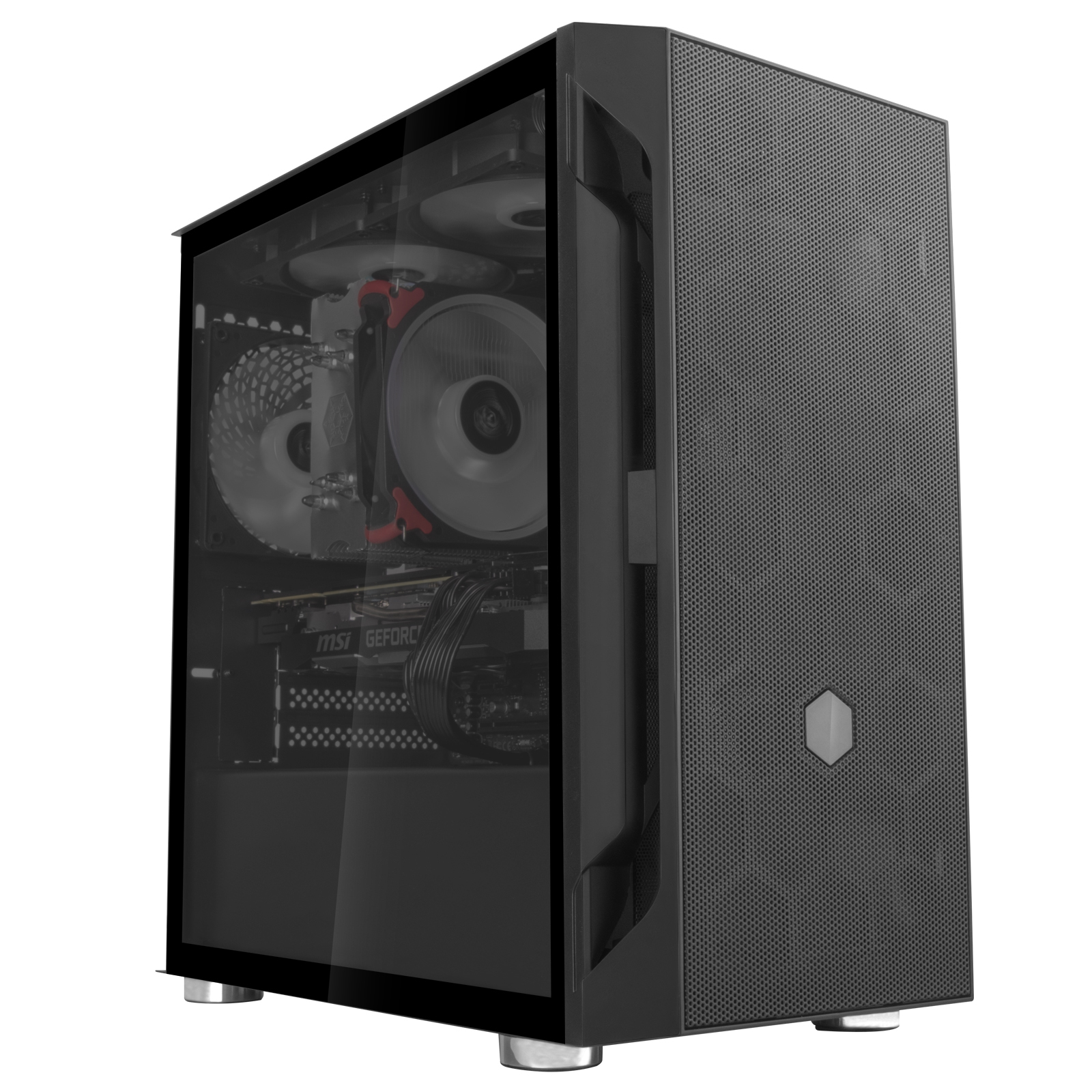 Case per computer nero con pannello laterale in vetro, che mostra i componenti interni. Ventole illuminate.