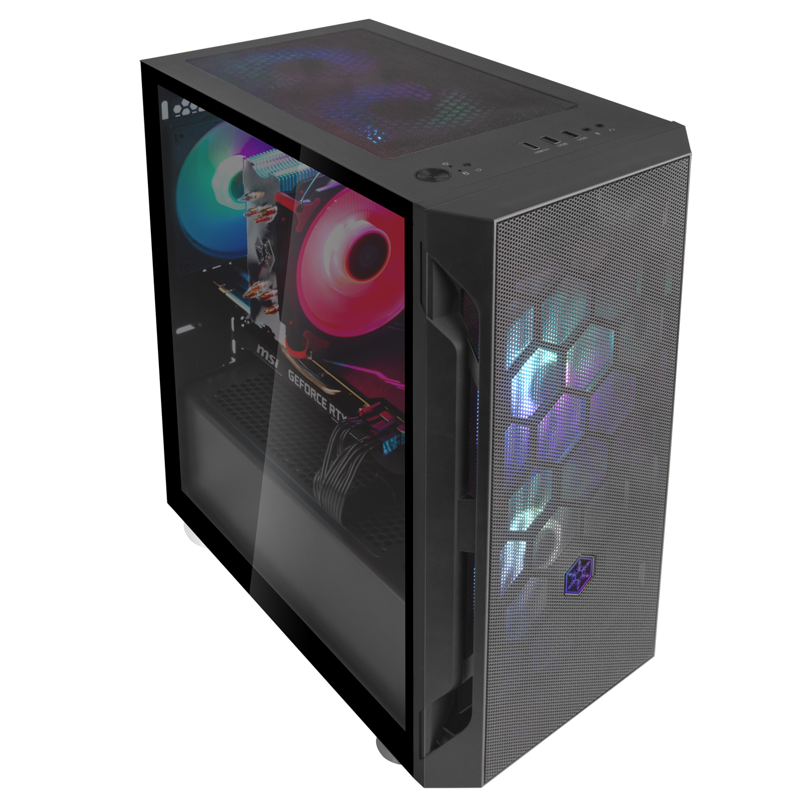 Computerbehuizing met glazen zijkant, interne componenten en RGB-ventilatoren.