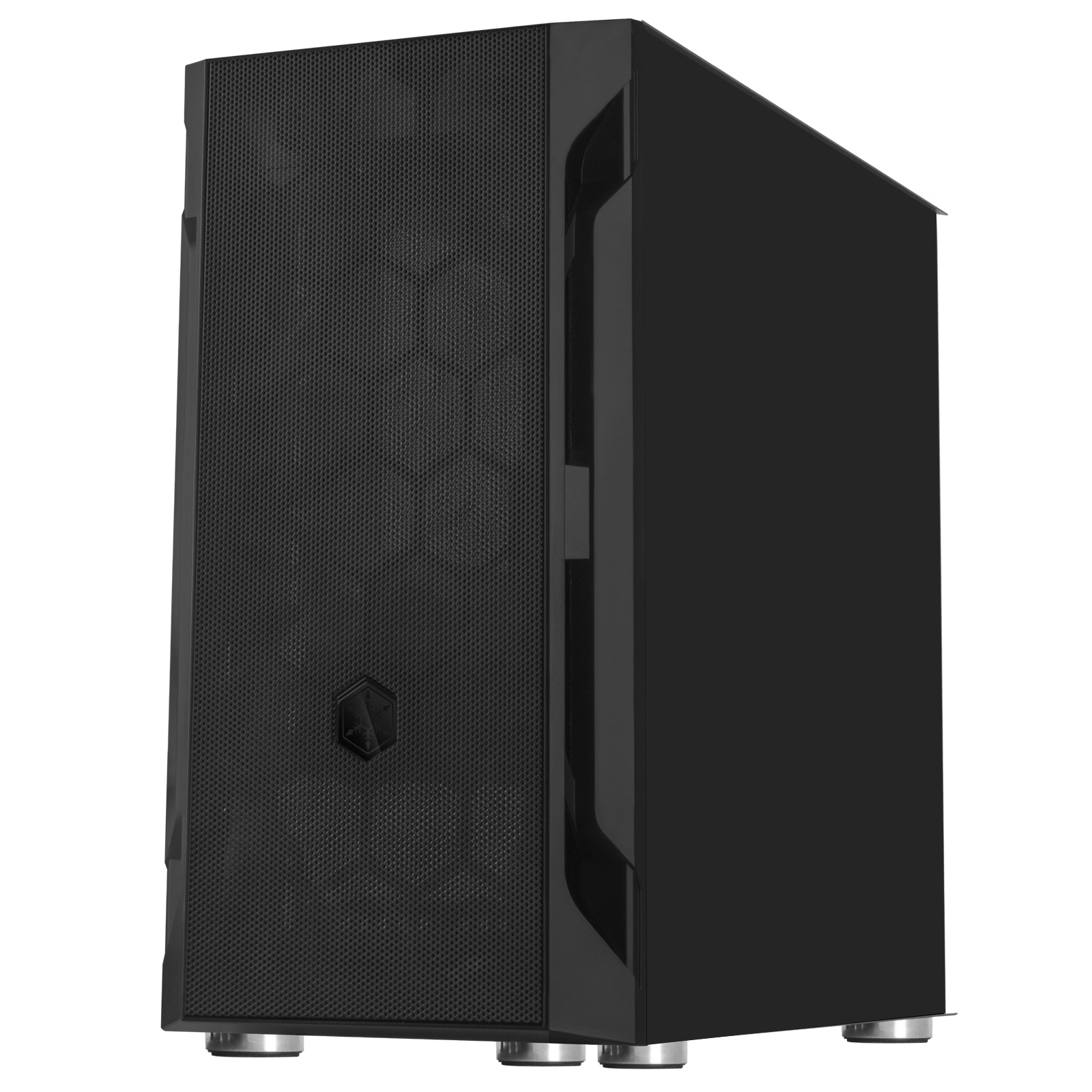 Case PC nero, vista frontale. Presenta un pannello frontale a rete con un design estetico.