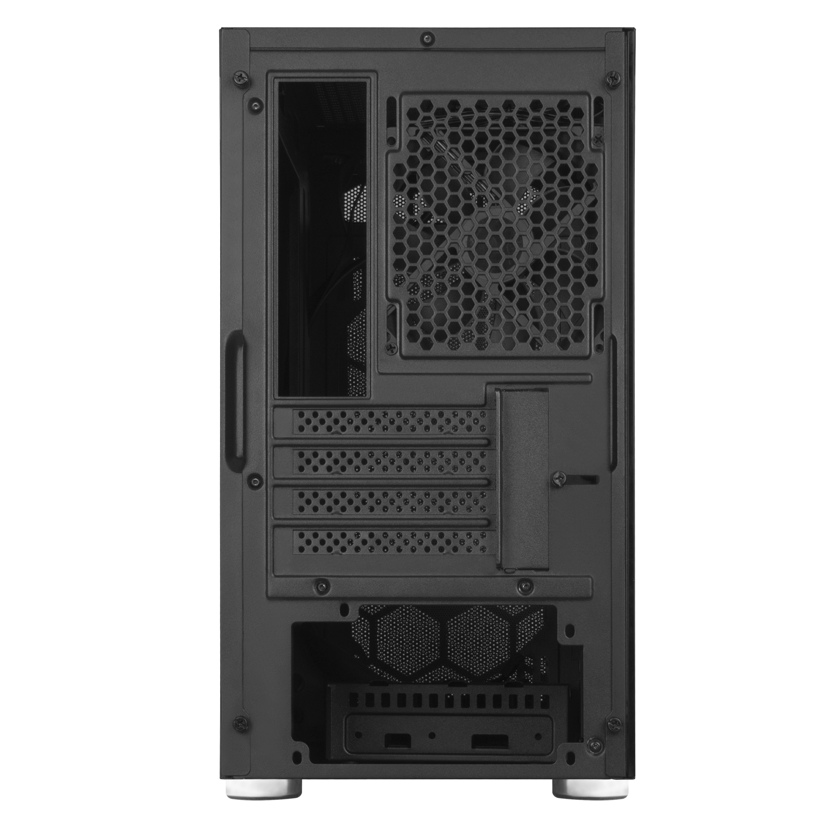 Parte posteriore di un case per computer nero che mostra la struttura interna, la ventilazione e le aree di montaggio.