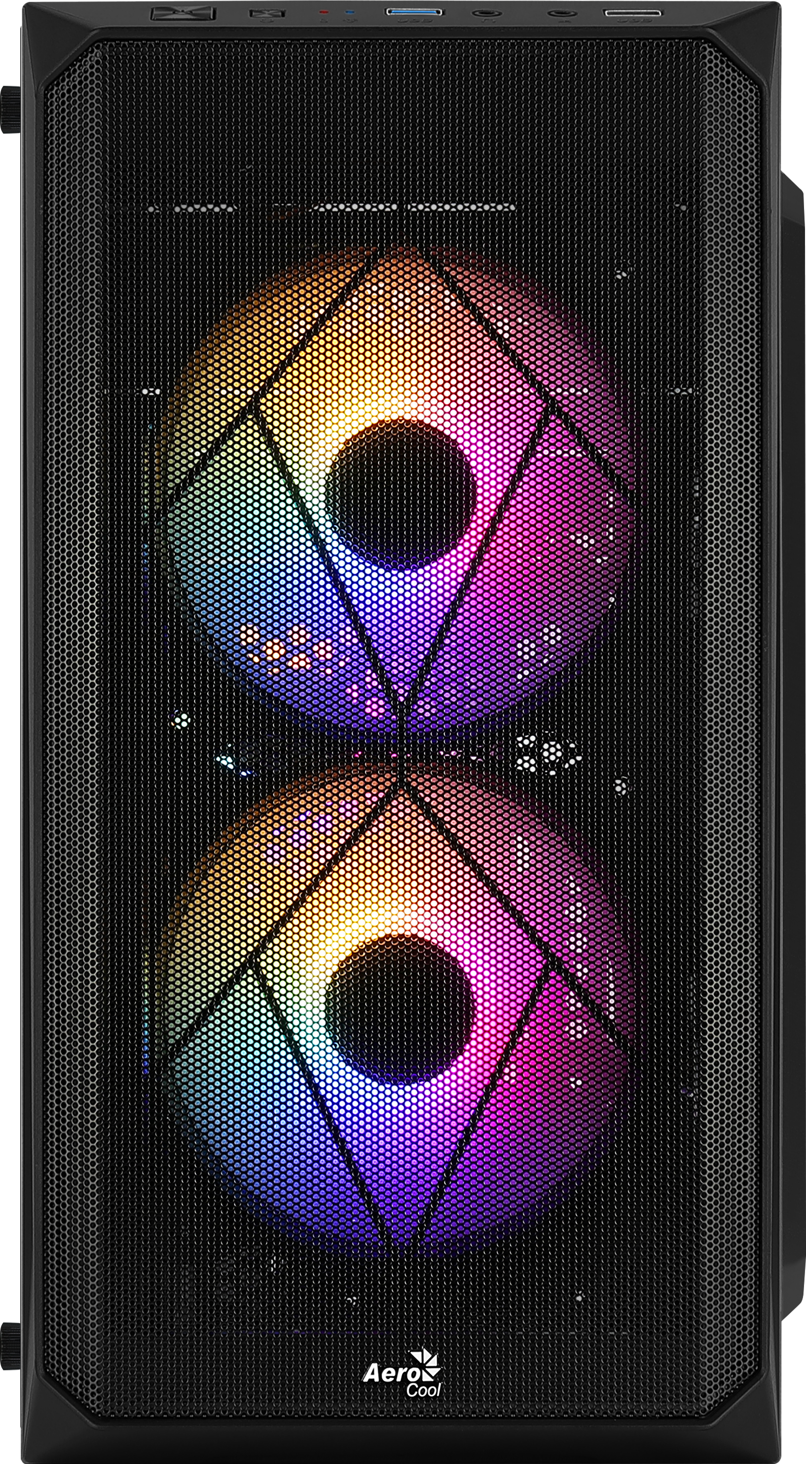 Czarna obudowa komputera z dwoma wentylatorami z kolorowymi światłami za siatkowym przodem.