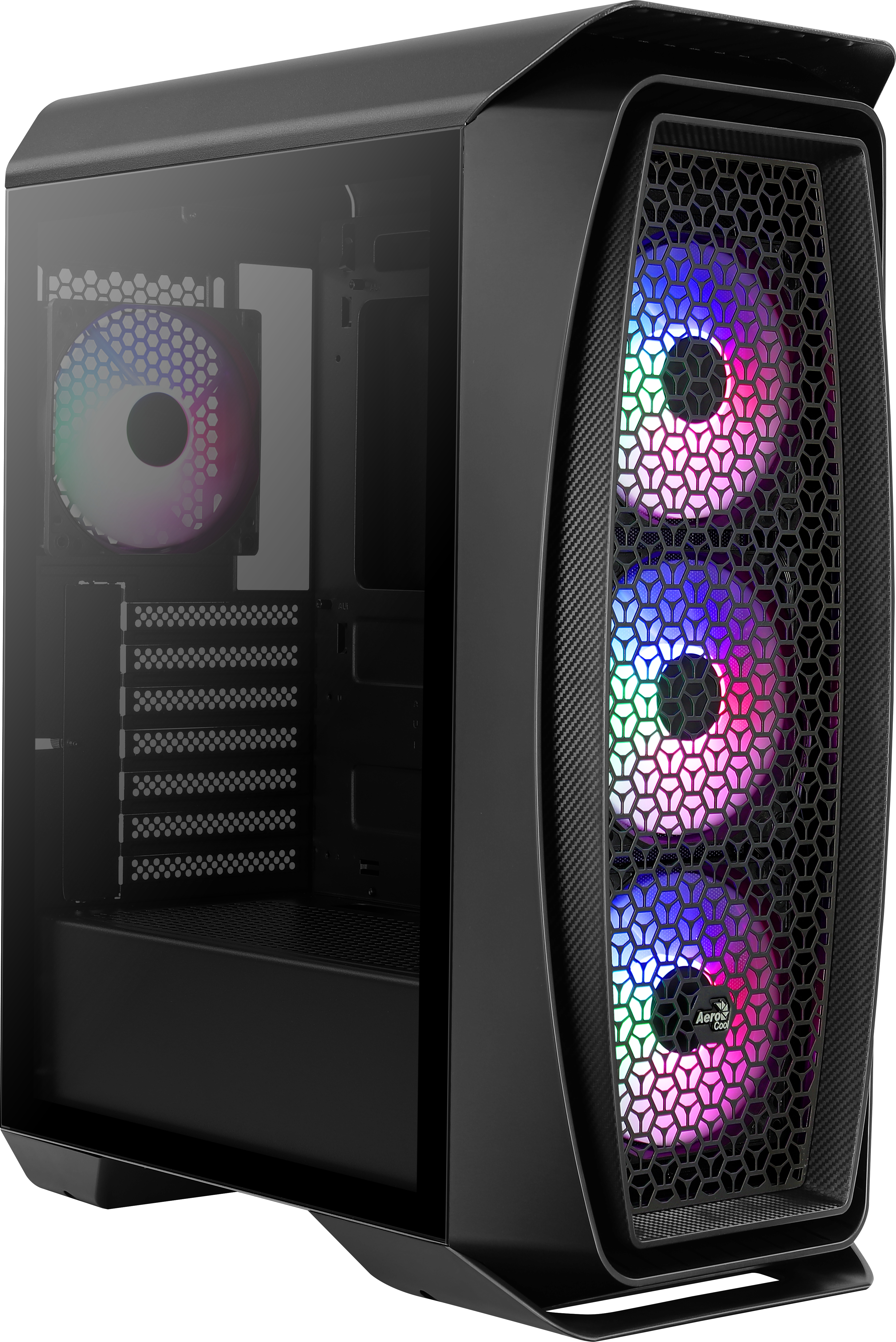 Case per computer nero con ventole RGB visibili attraverso il pannello frontale.