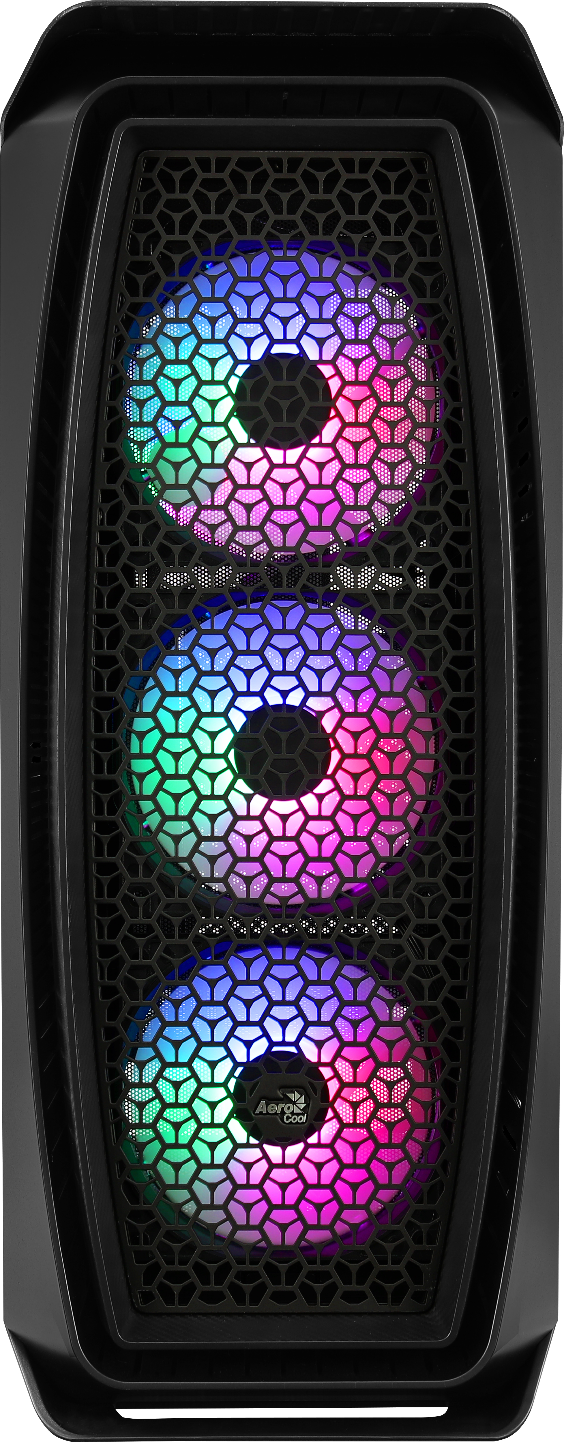 Parte anteriore del case del computer nero con tre ventole RGB. Design a nido d'ape.