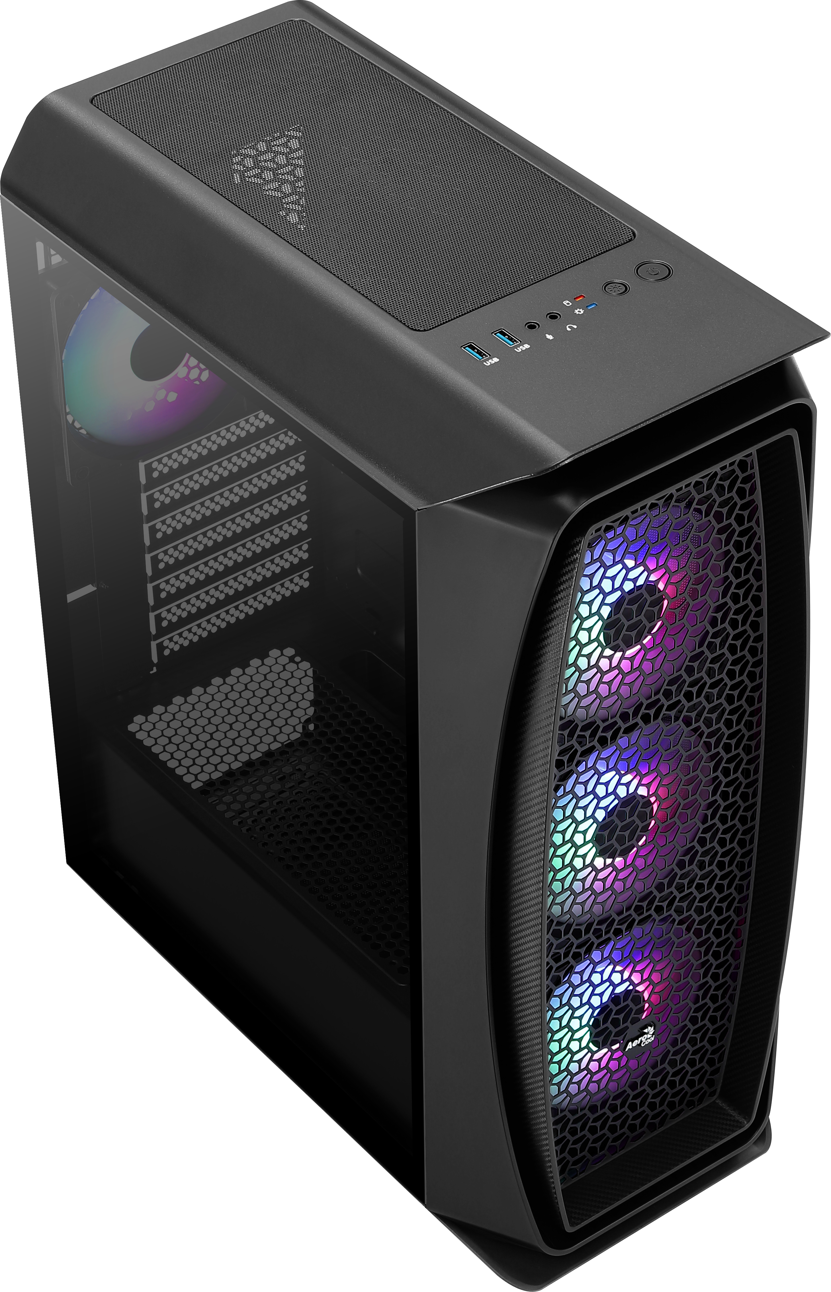 Case per computer nero con pannello laterale in vetro, che mostra tre ventole illuminate con luci RGB.