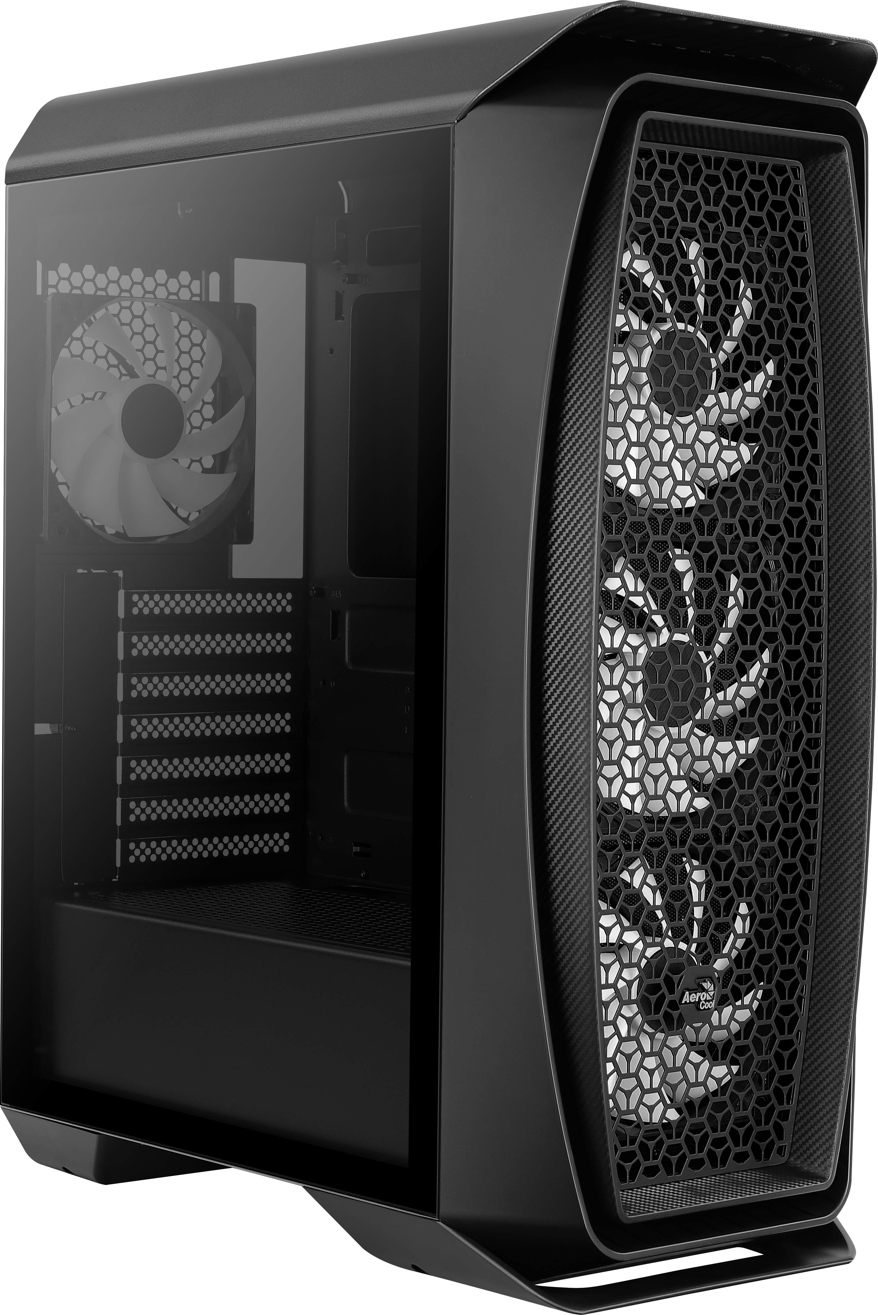 Case per computer nero con pannello laterale in vetro, ventole e frontale a nido d'ape.