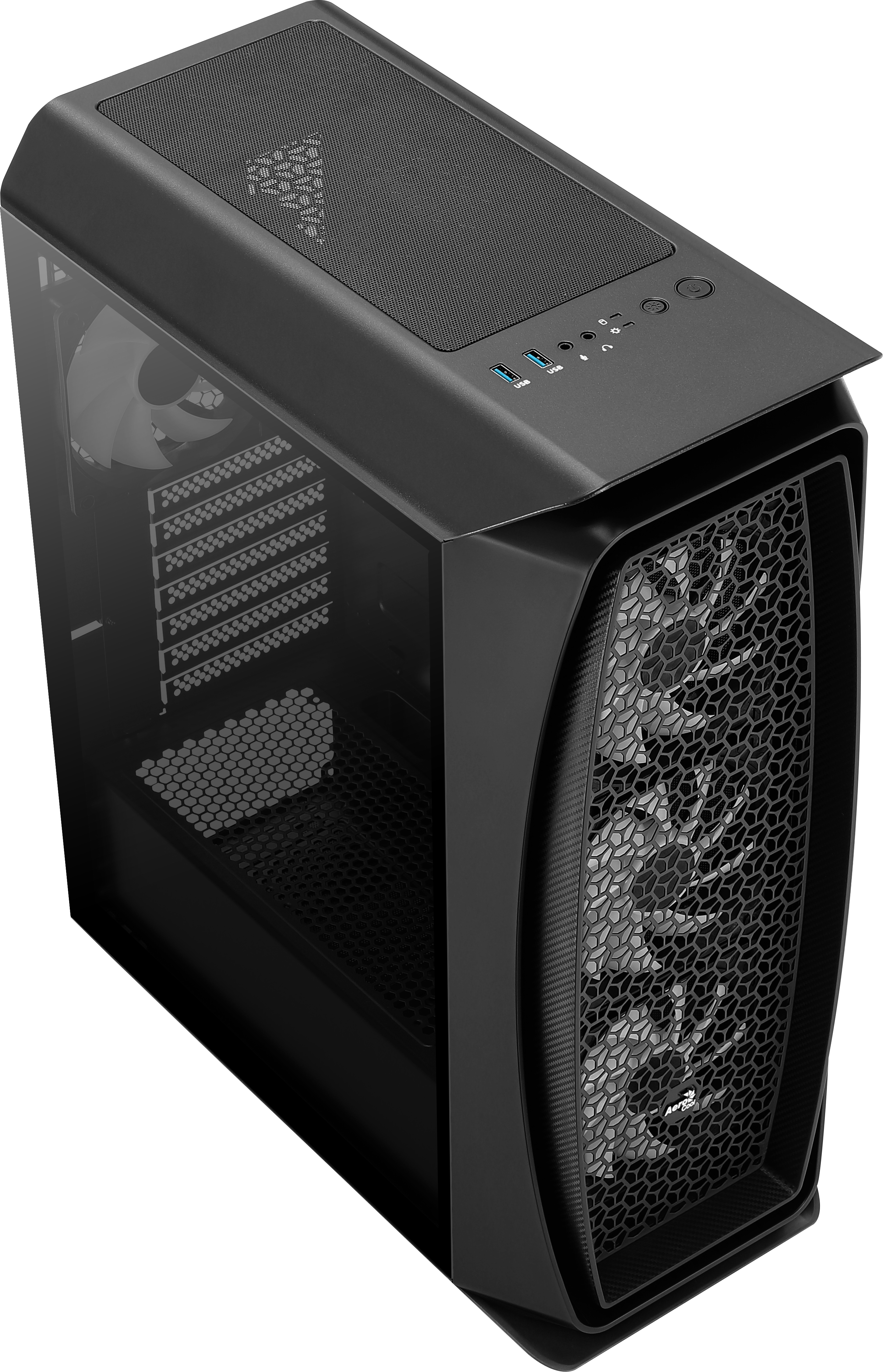 Case nero per computer con pannello laterale trasparente, che mostra l'interno.