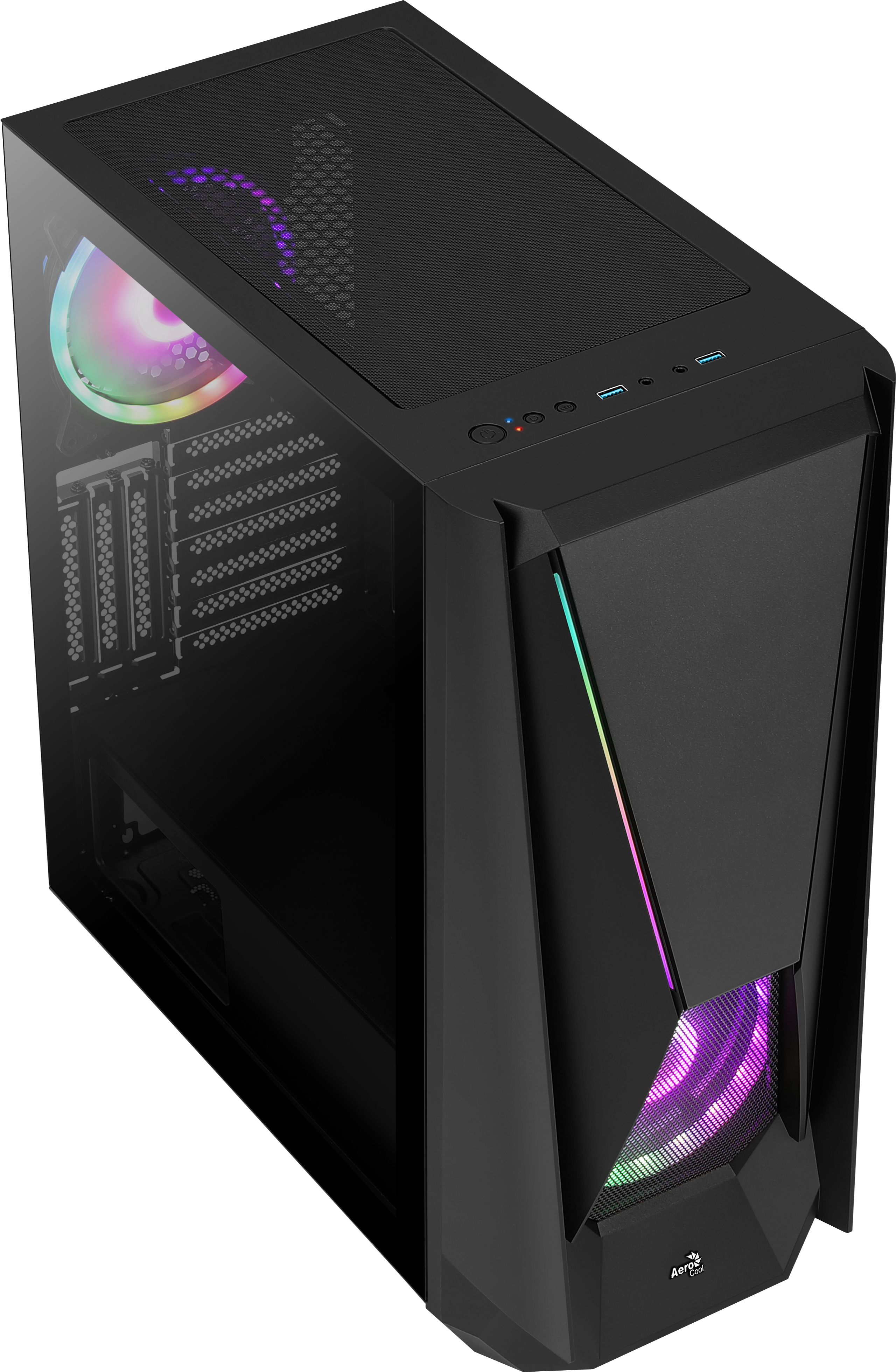 Boîtier d'ordinateur noir avec éclairage RGB à l'avant et à l'intérieur, vue en angle.