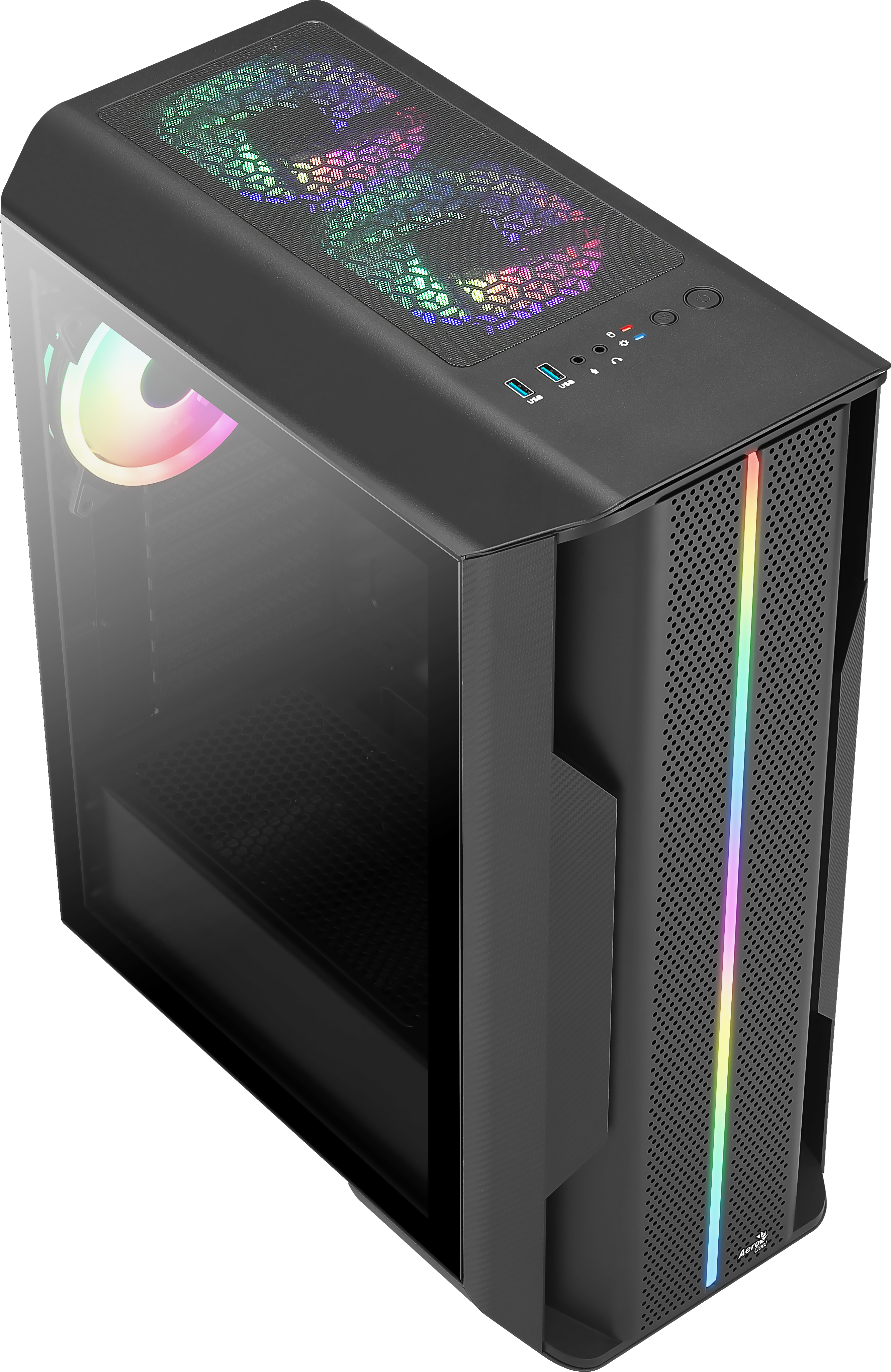 Case nero per computer con pannello laterale in vetro. Lo sfondo è bianco.
