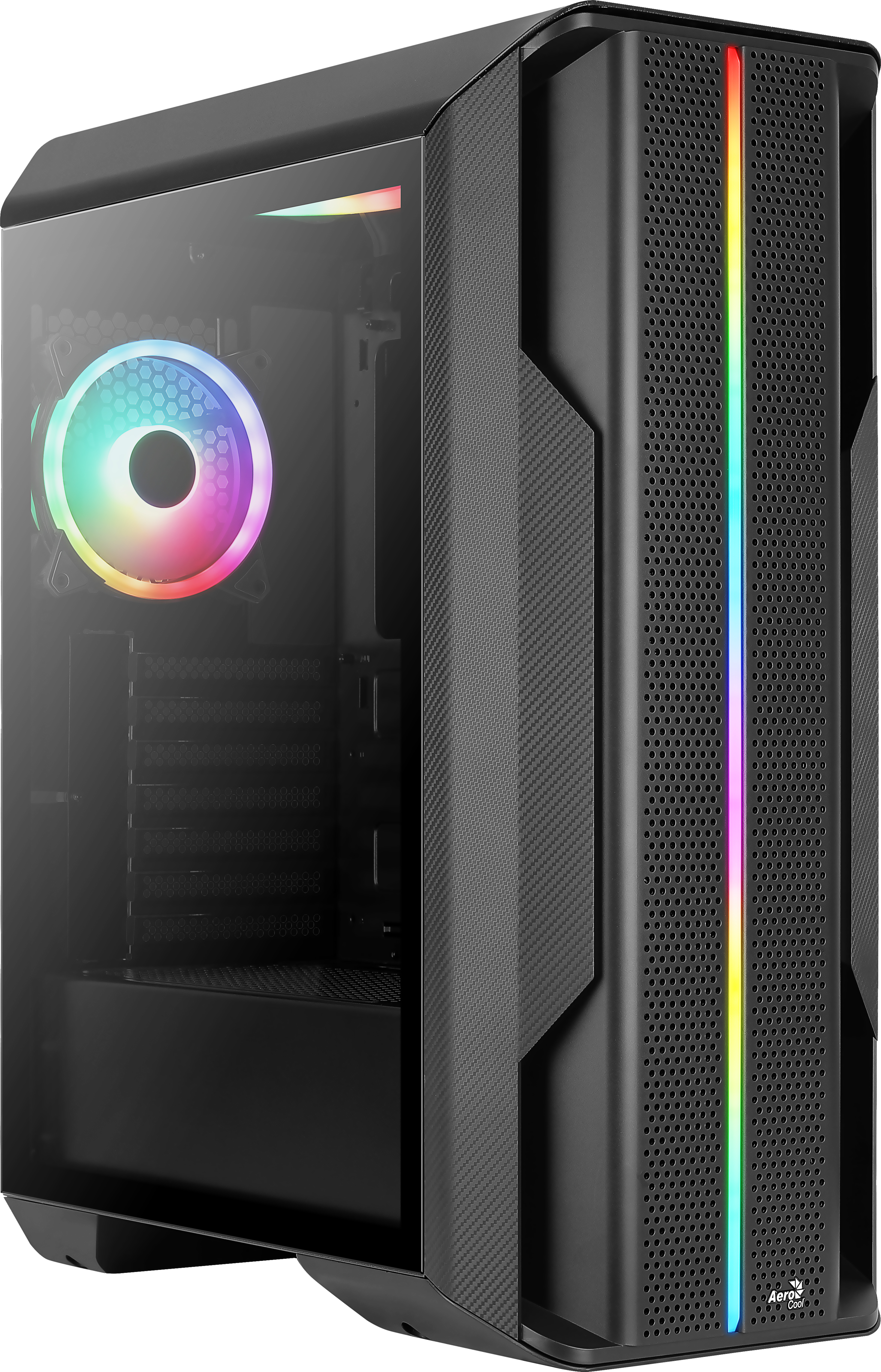 Case PC nero con pannello laterale in vetro, illuminazione LED frontale. Colori arcobaleno. Sfondo nero. Logo AeroCool.