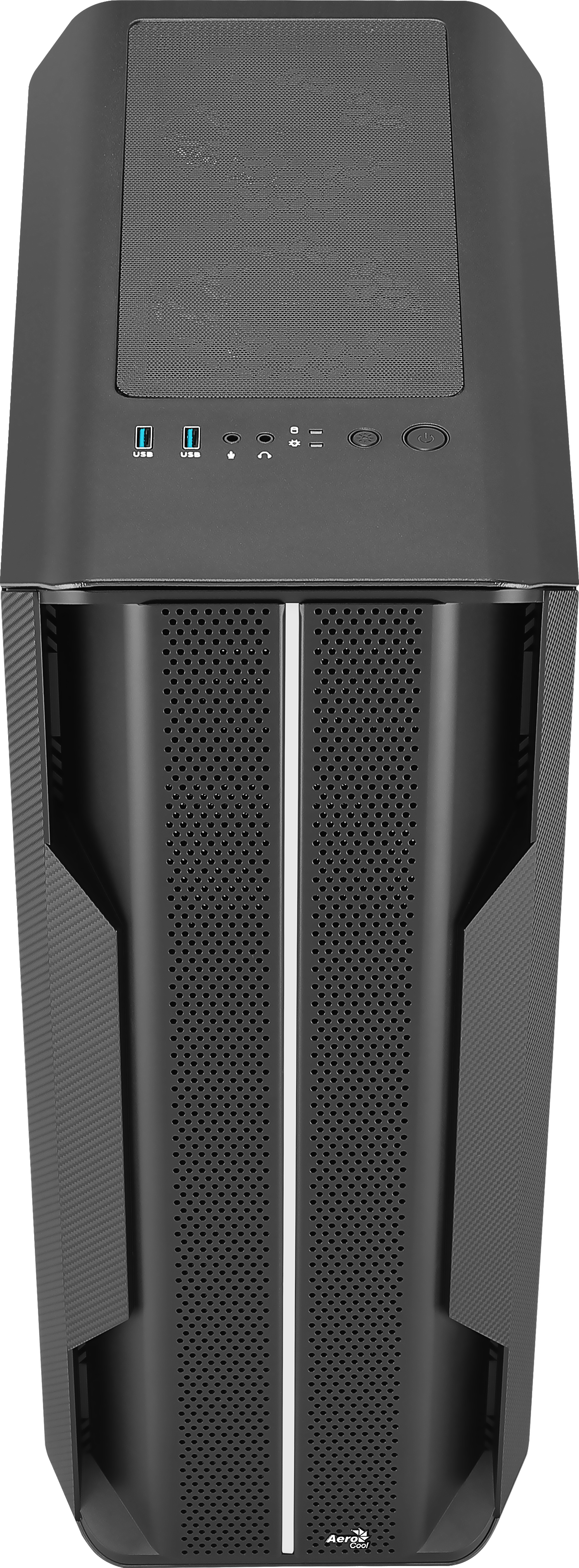 Case PC nero. Ha mesh, porte USB e pulsante di accensione. Il case ha un design verticale.