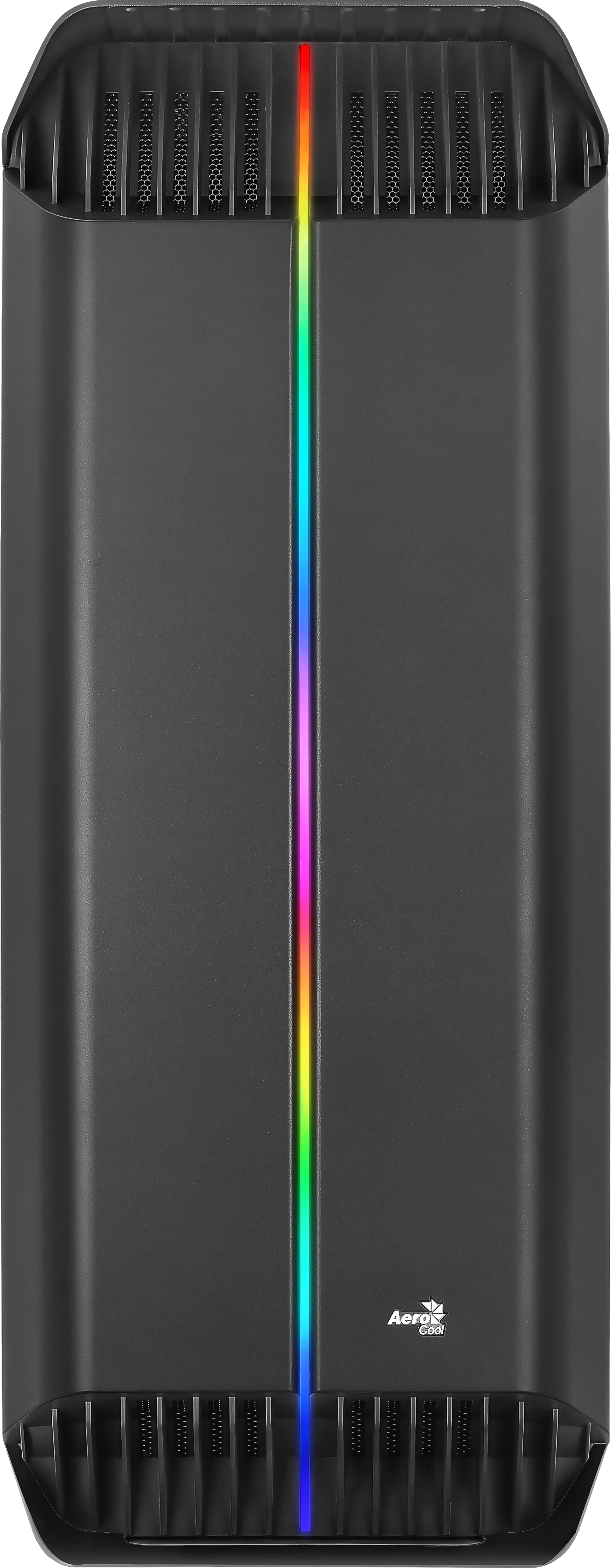 Caja de PC negra con una tira LED colorida. Vista superior.