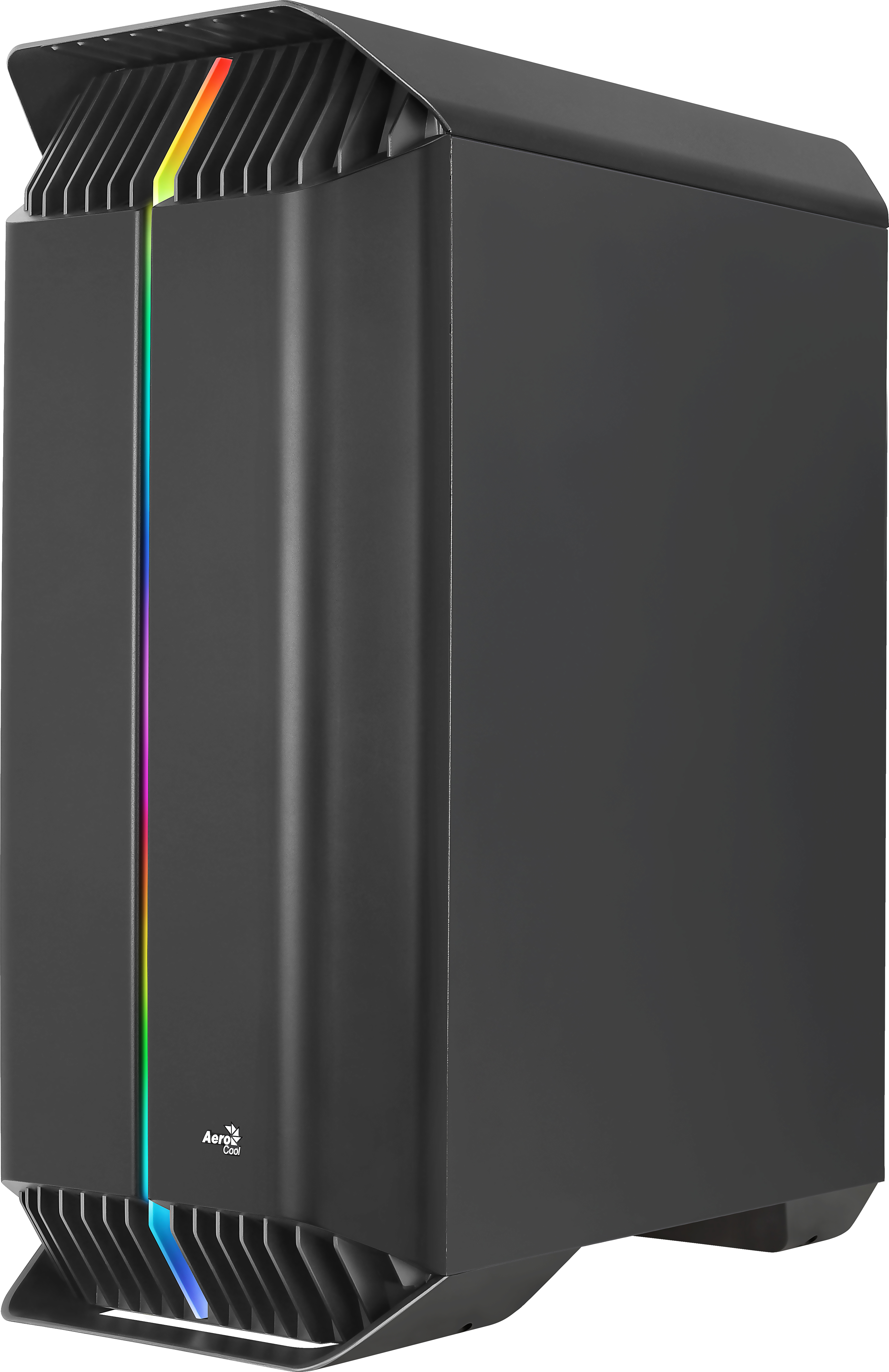 Carcasa de ordenador negra con tira de luz RGB lateral y fondo blanco.