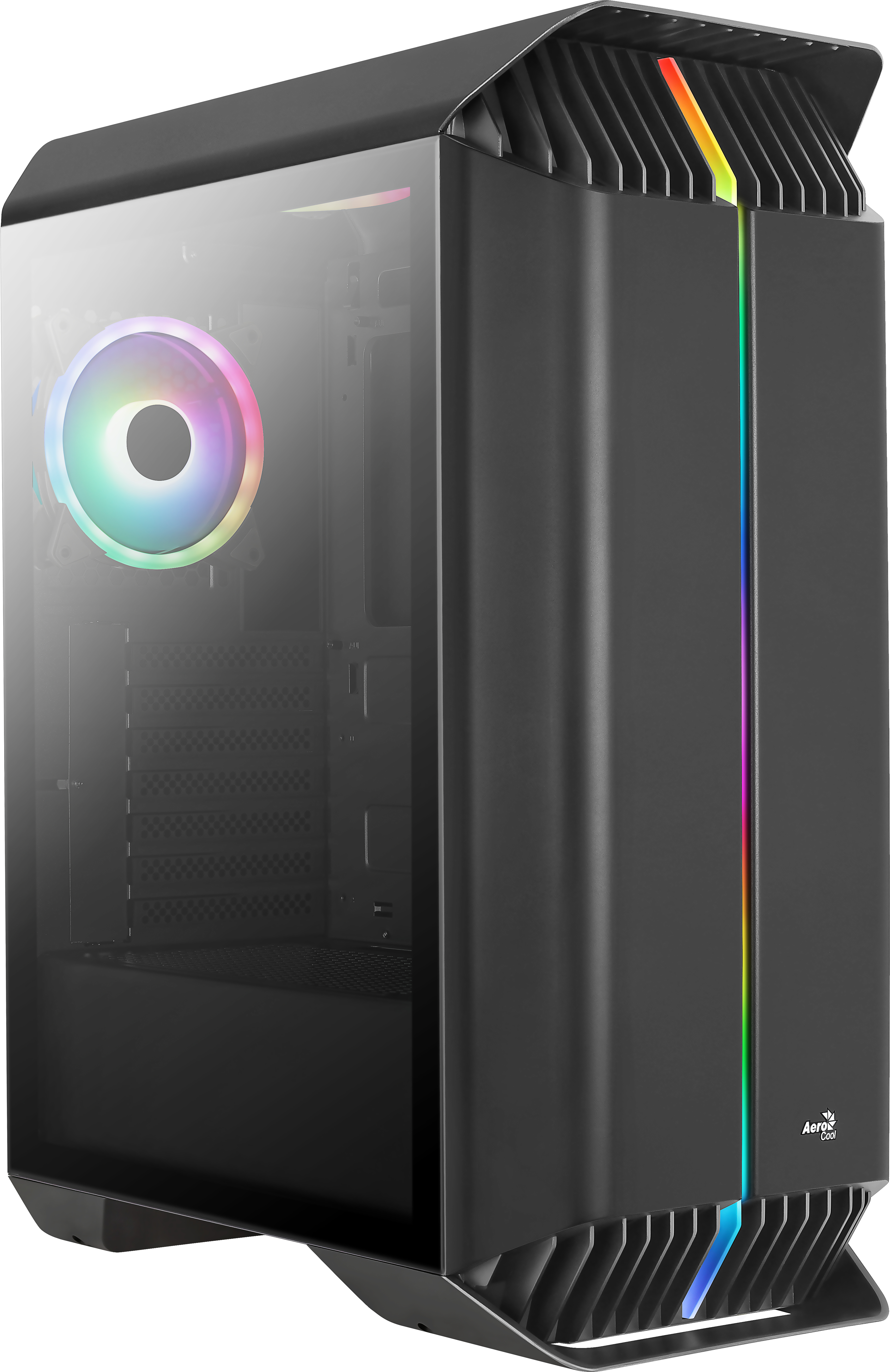 Caja de ordenador negra con panel lateral de vidrio y ventilador RGB. El panel frontal tiene una tira de luz colorida.