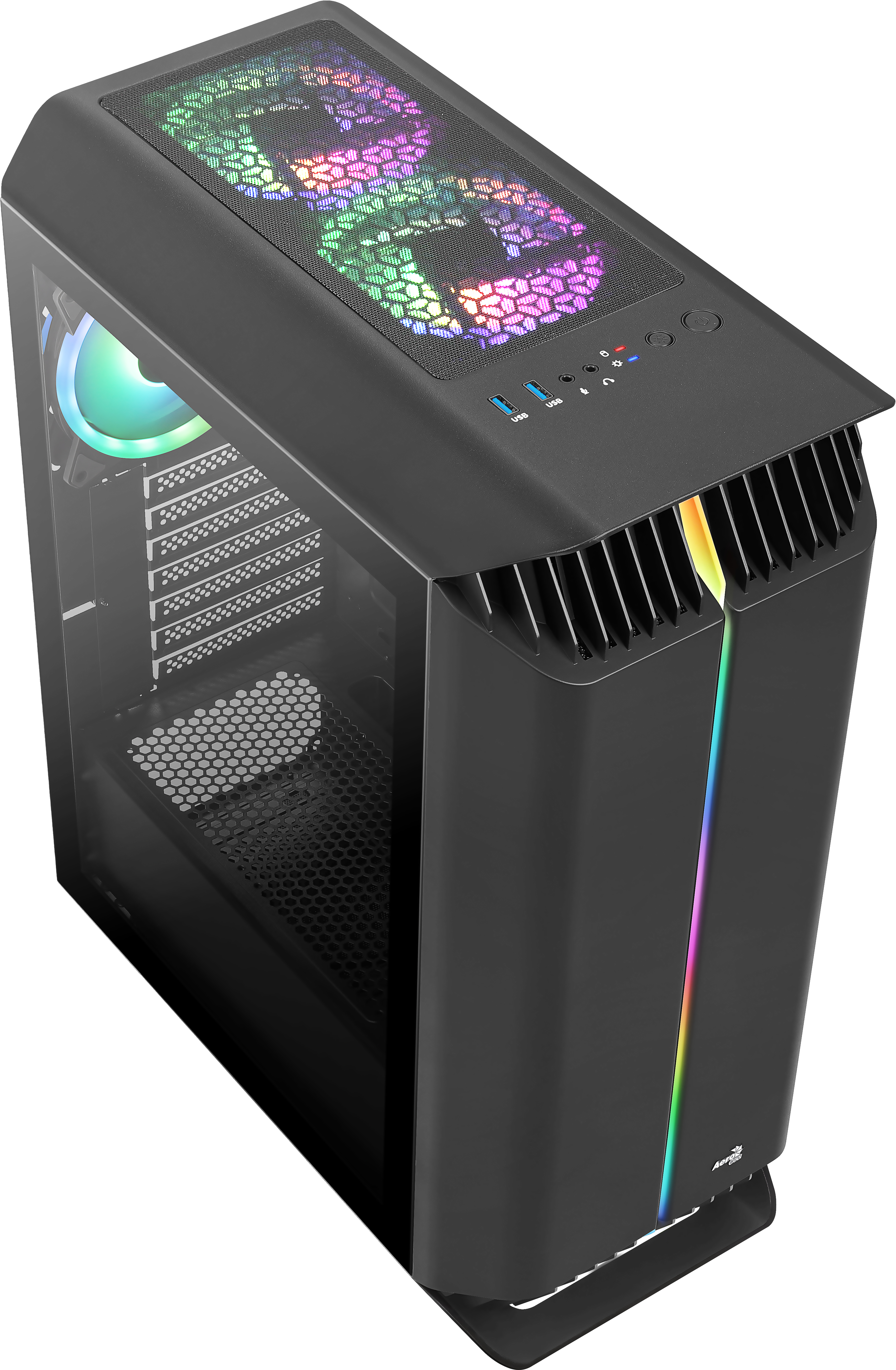 Caja de ordenador negra con iluminación RGB arriba y frontal. Vista angular.