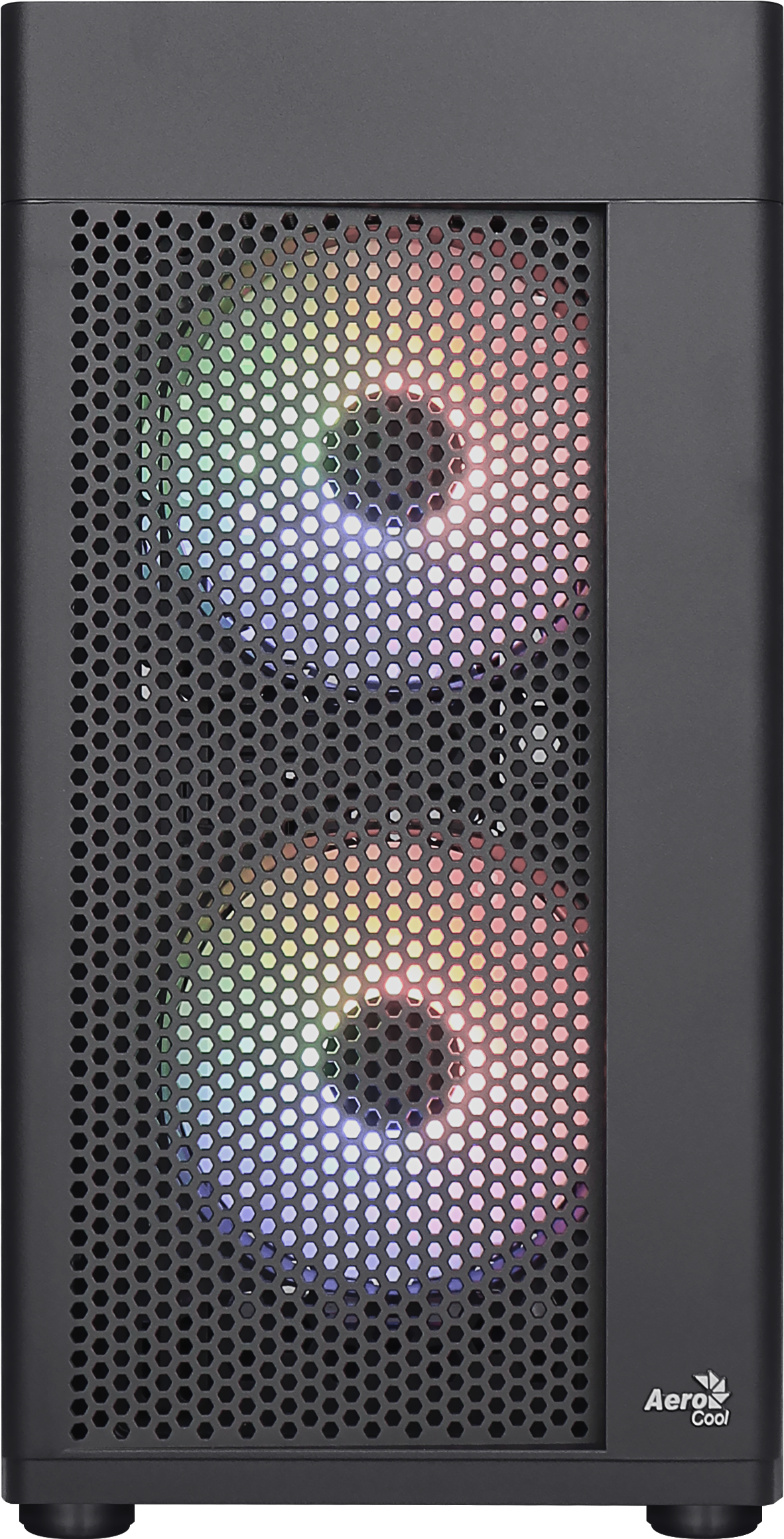 Boîtier PC noir avec façade en mesh et deux ventilateurs avec lumières colorées.