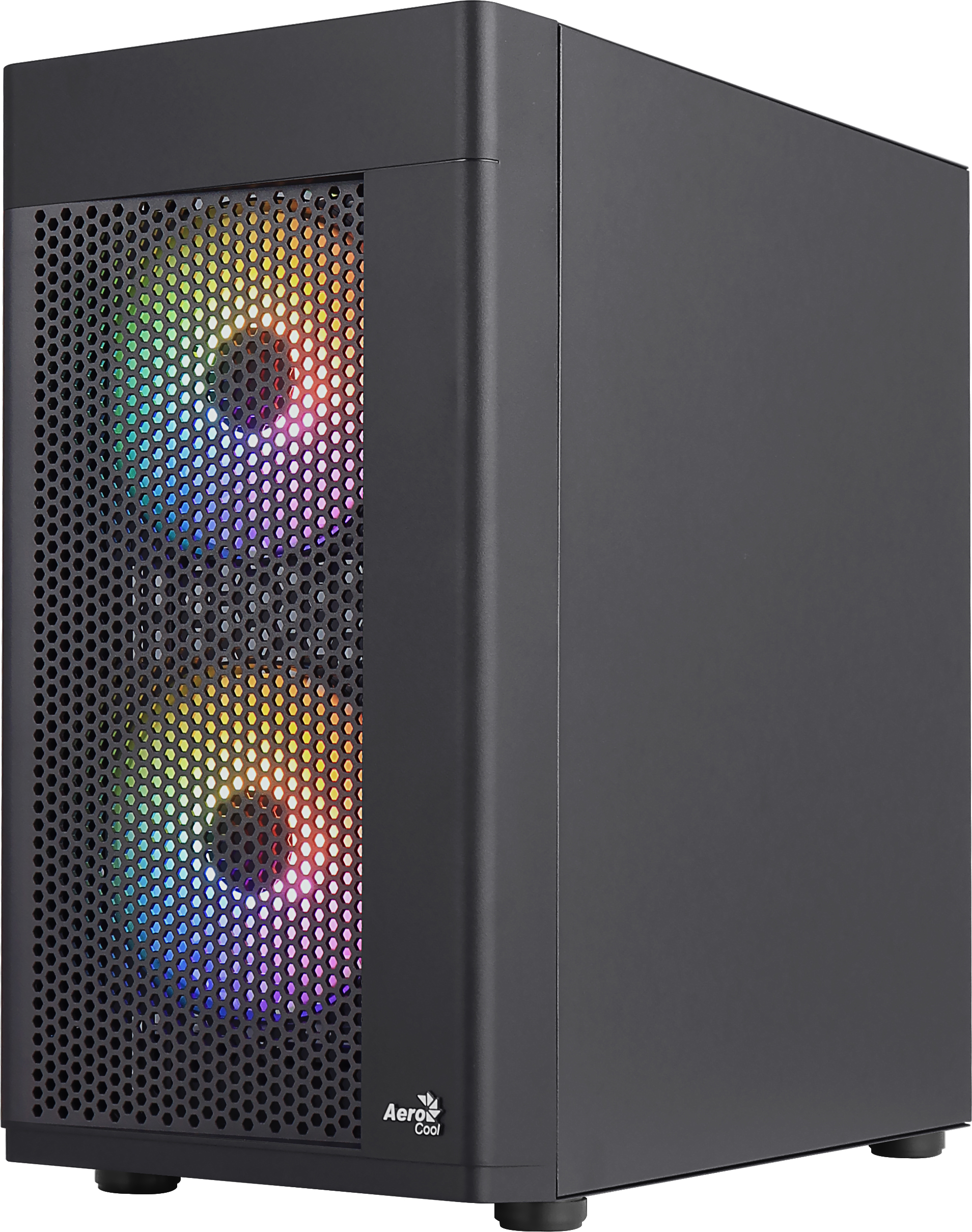 Boîtier d'ordinateur noir avec façade en mesh et deux ventilateurs éclairés avec des lumières RGB colorées.