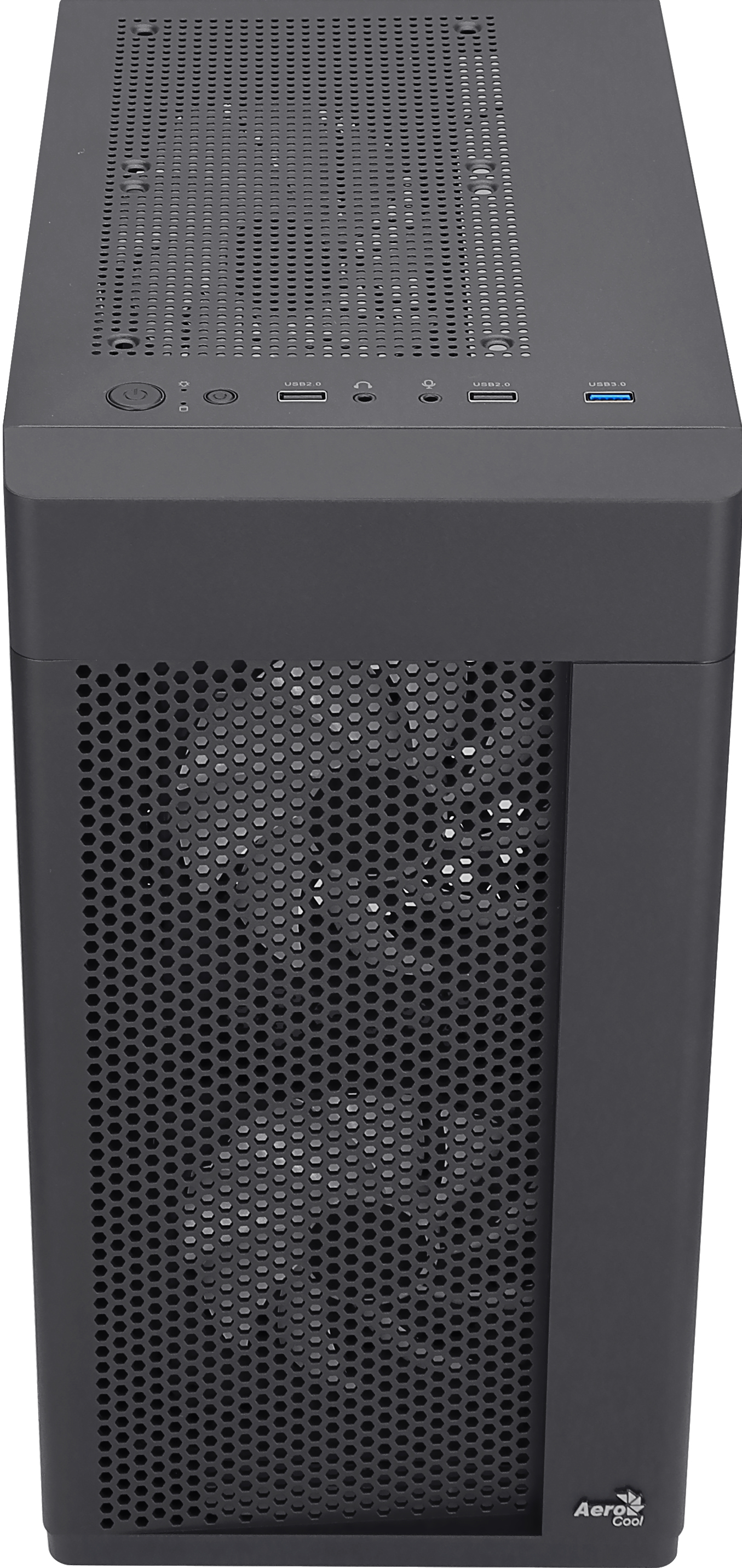 Boîtier d'ordinateur noir, vue de face, avec panneau en maille et ports.