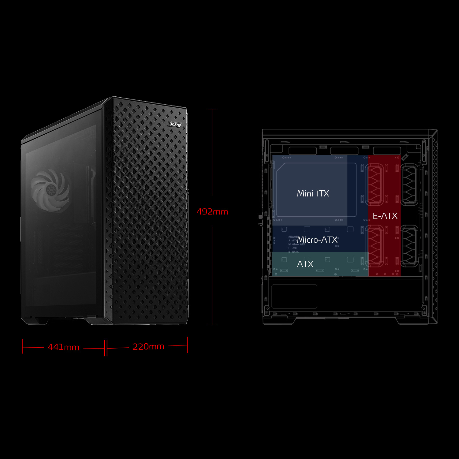Zwarte pc-behuizing met afmetingen en interne lay-outdiagram.