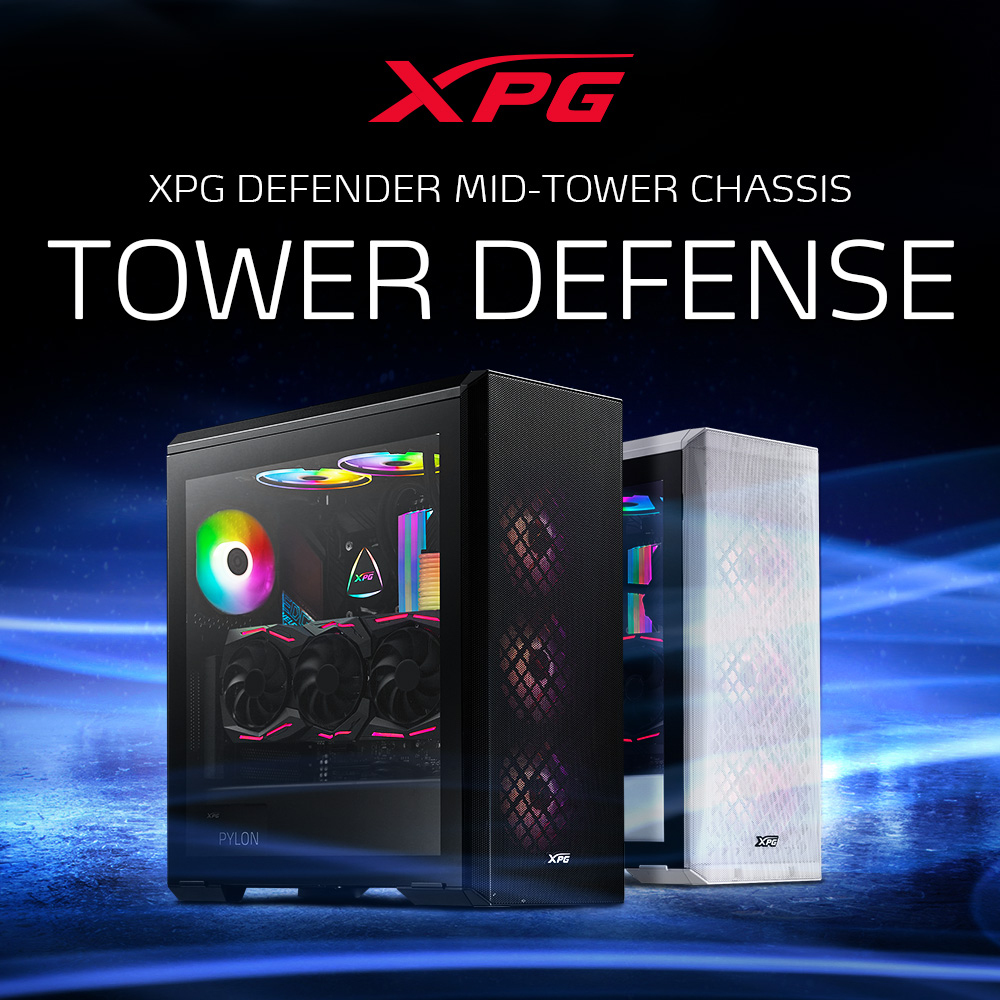 XPG Defender mid-tower chassis met drie computerkasten.