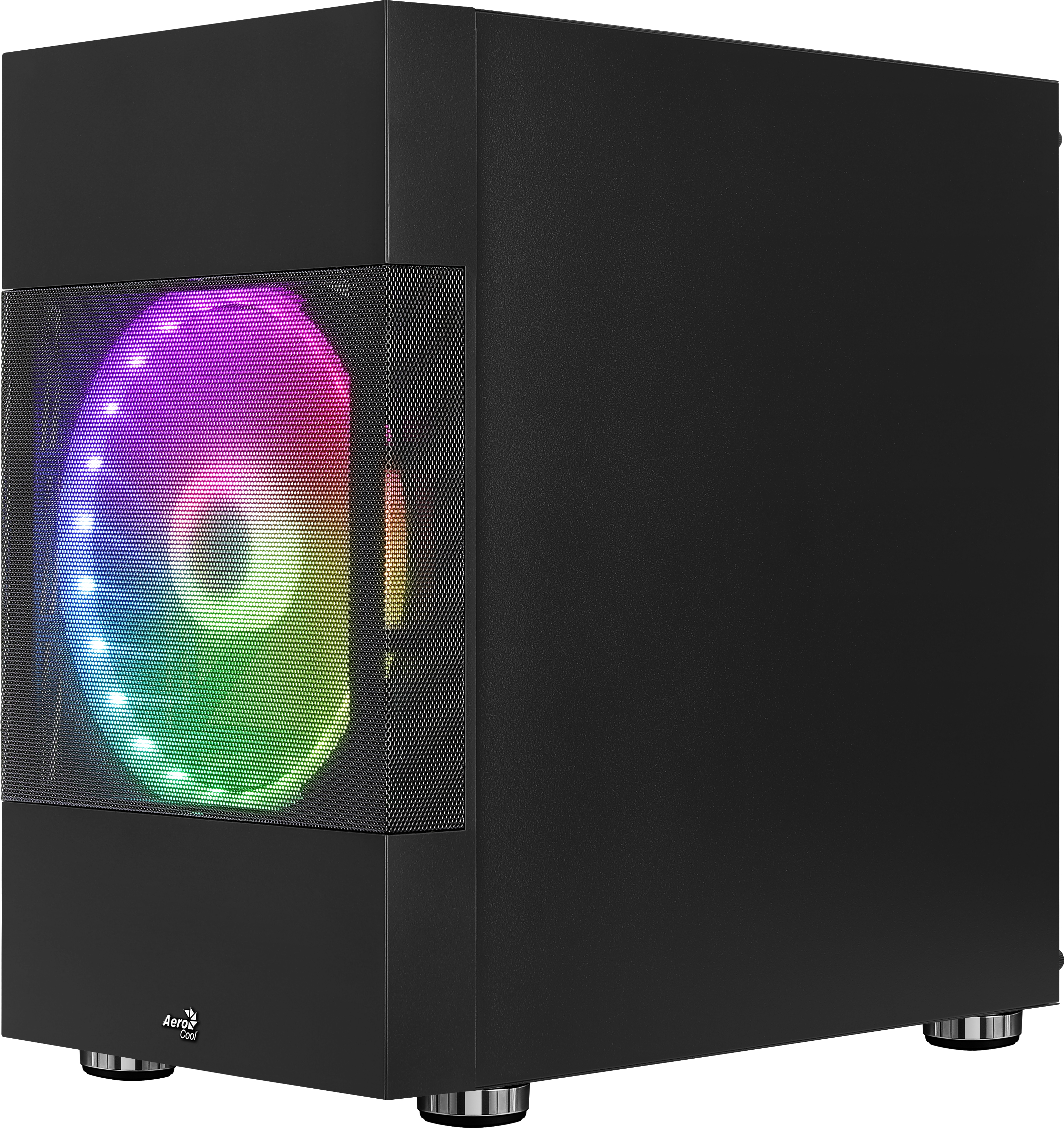 Un case per computer nero con un pannello frontale a rete che mostra una ventola a LED colorata. Pannello laterale nero.