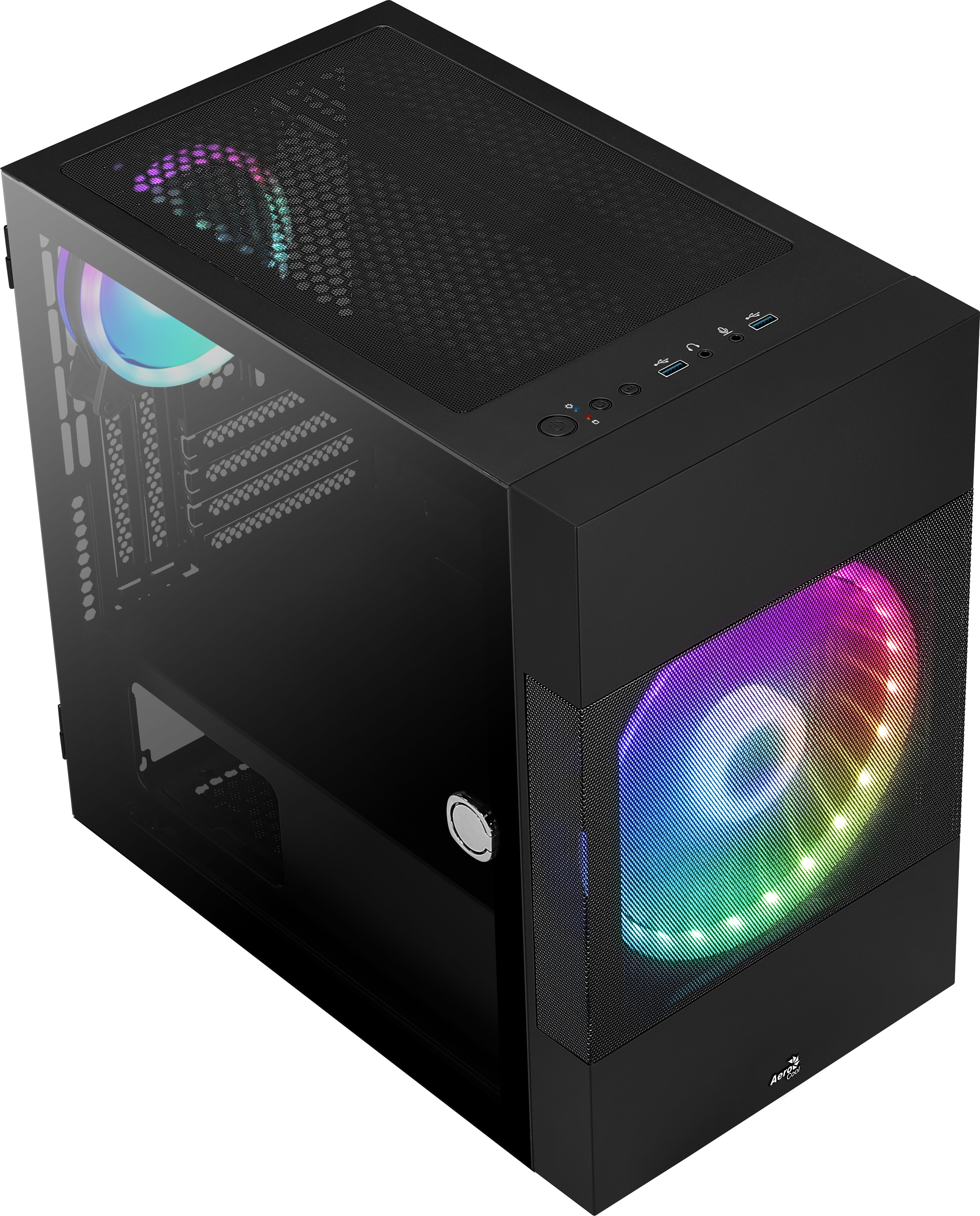 Case per computer nero con pannello laterale in vetro e illuminazione RGB, vista dall'alto.