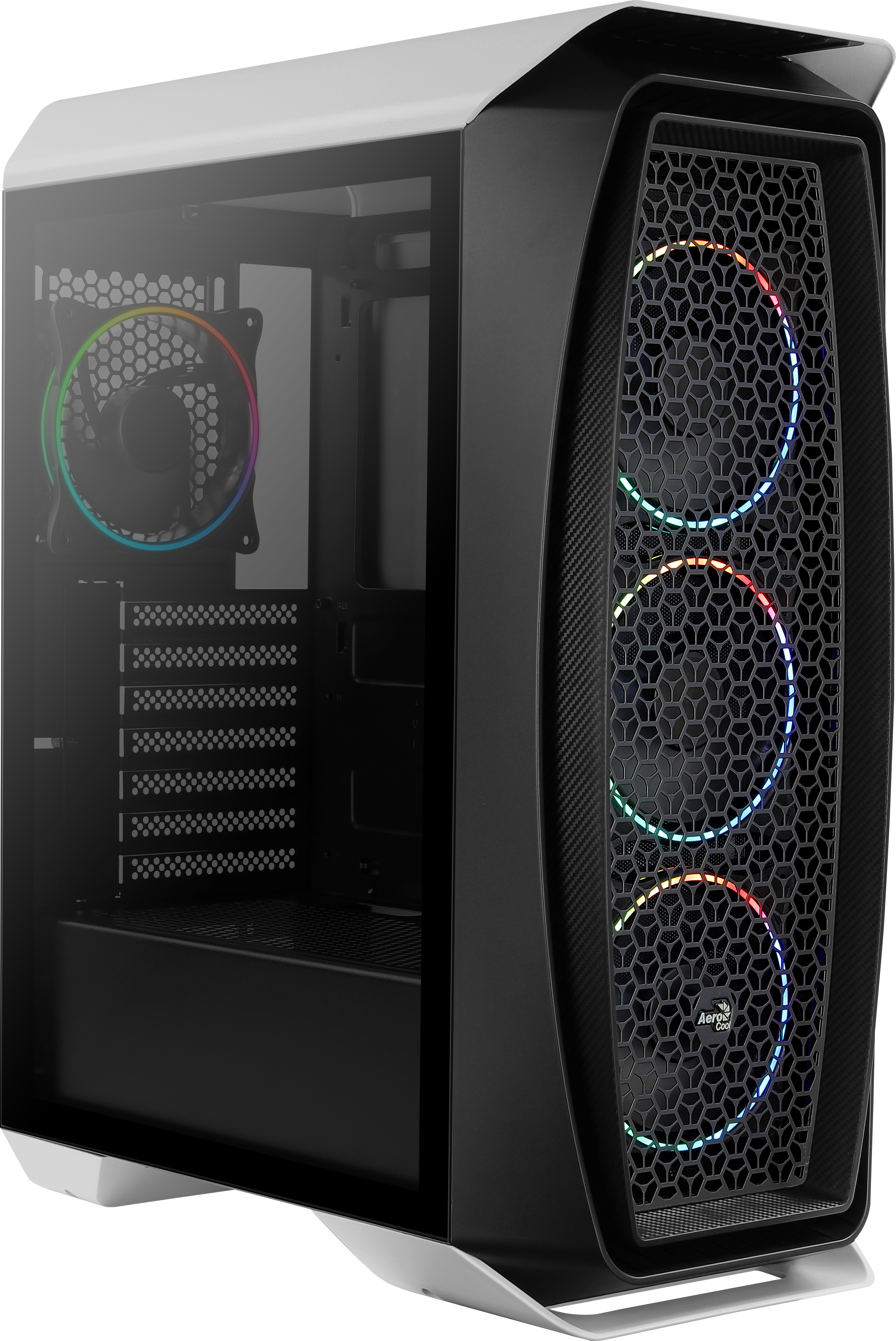 Un case per computer nero con pannello laterale in vetro e luci RGB, che mostra i componenti interni.