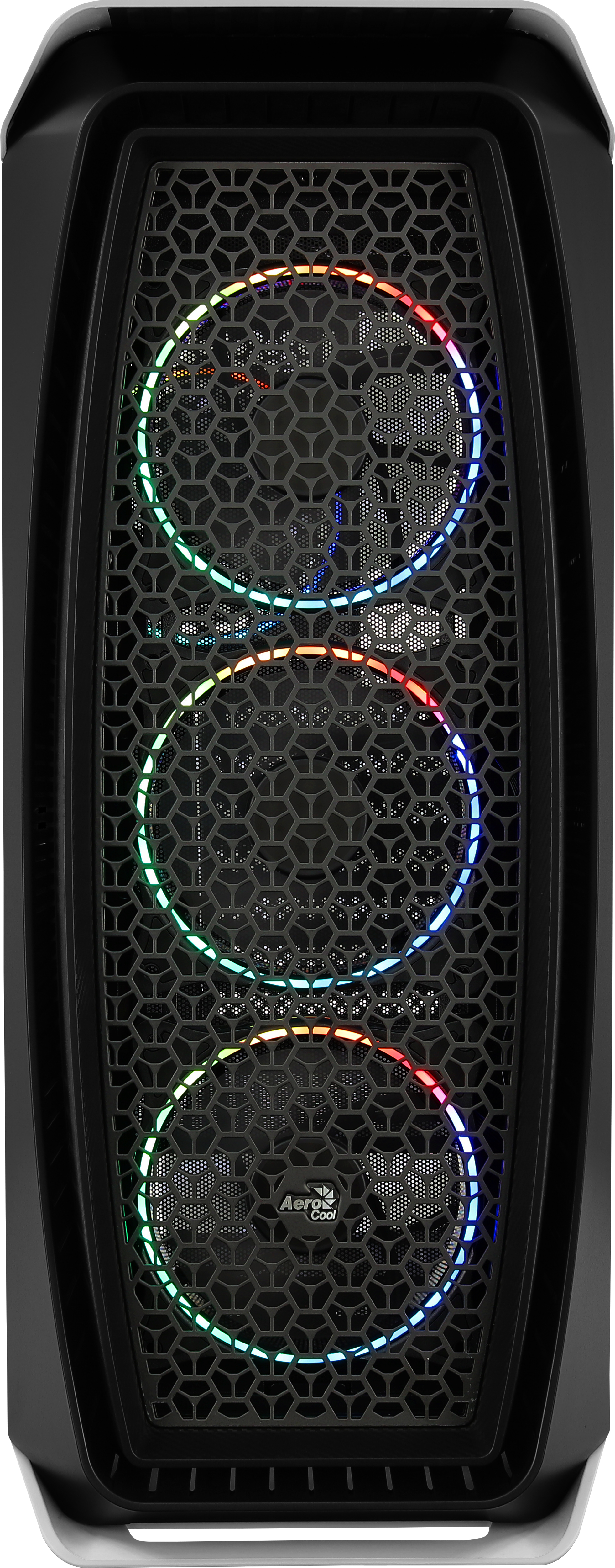 Un case per computer nero con tre ventole illuminate da un arcobaleno di colori.