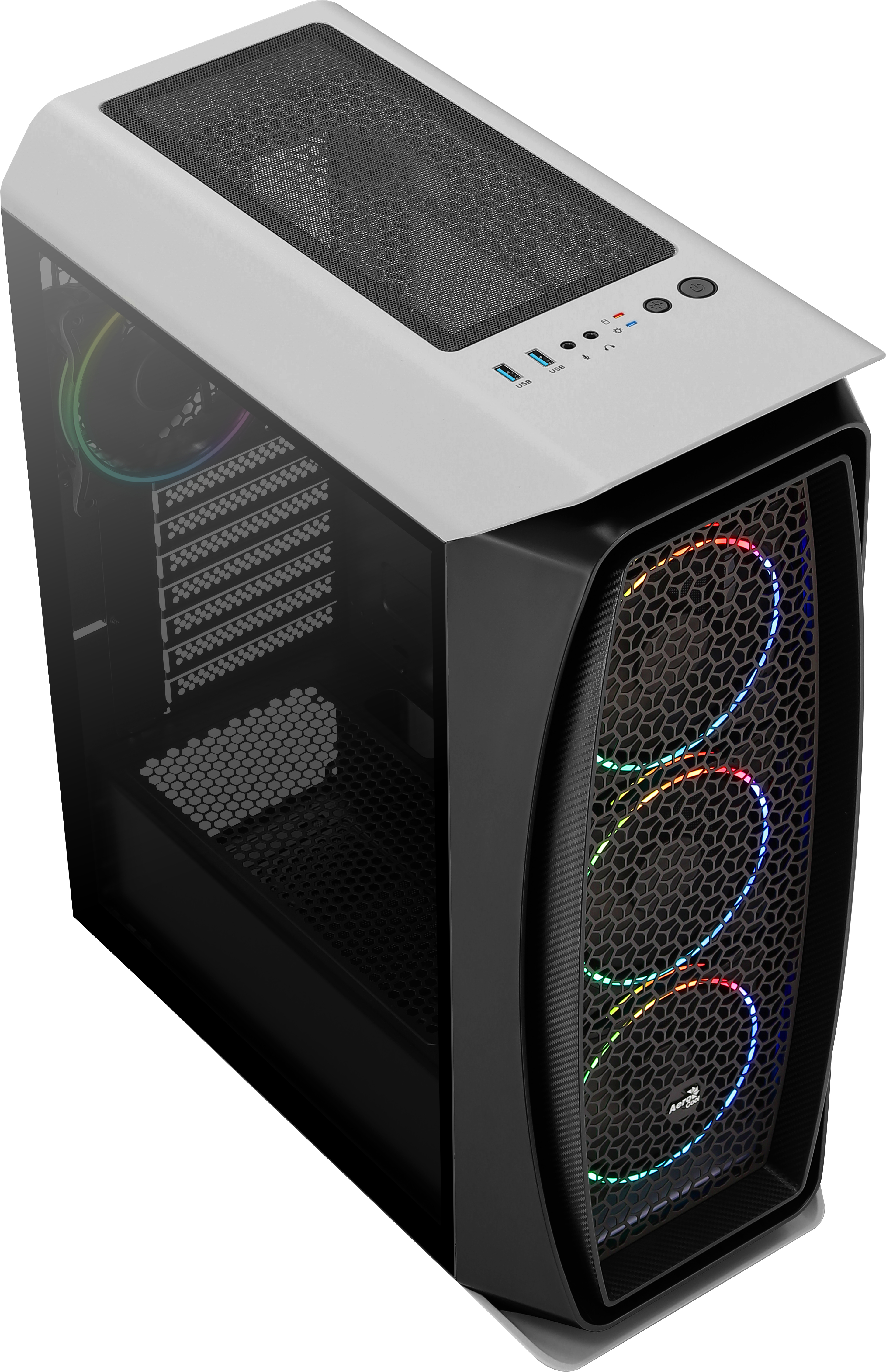 Case per computer, vista dall'alto. Parte superiore bianca, frontale nero con design a nido d'ape e pannello laterale in vetro.