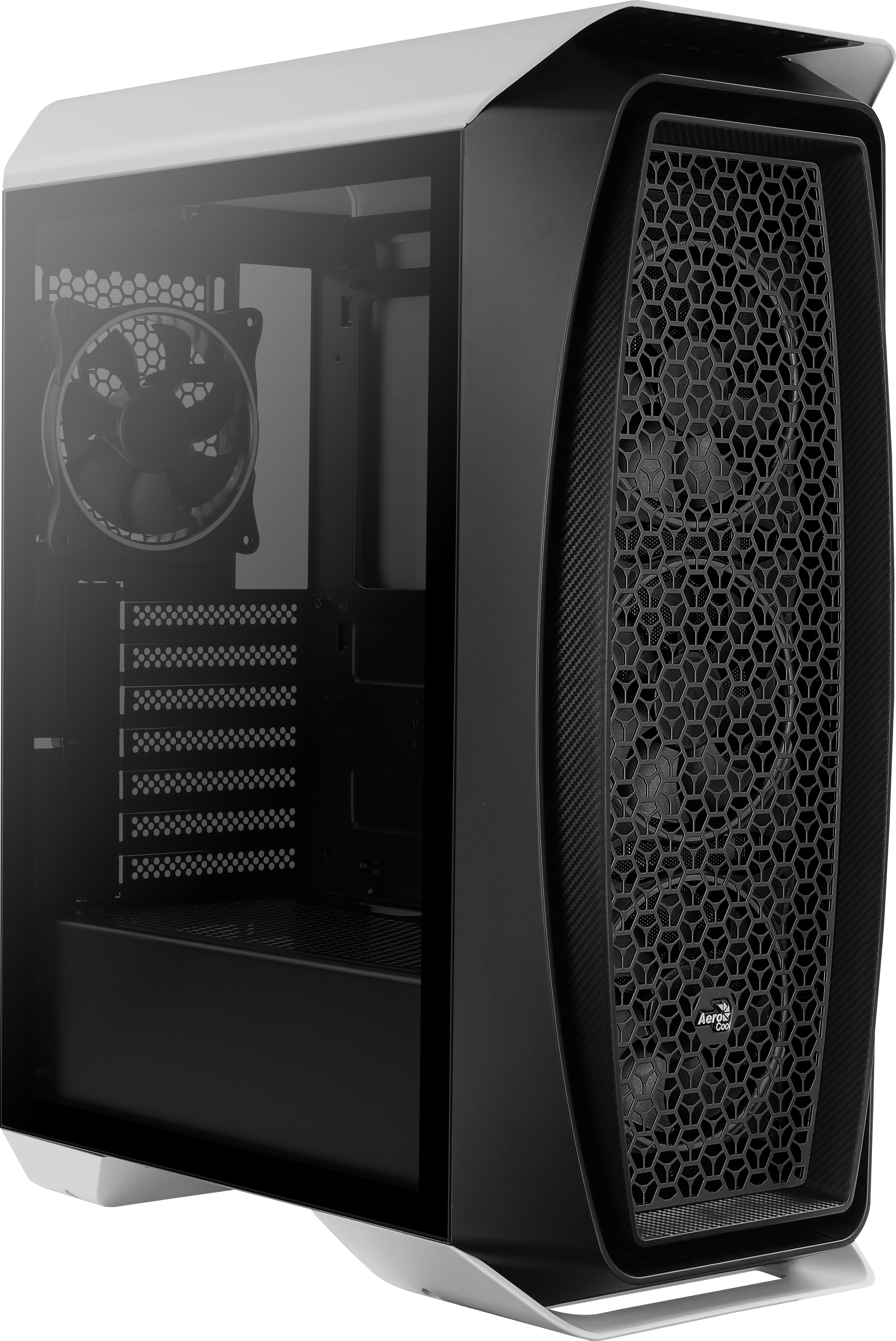 Case per computer nero con pannello laterale in vetro. Presenta un design del pannello frontale a rete.