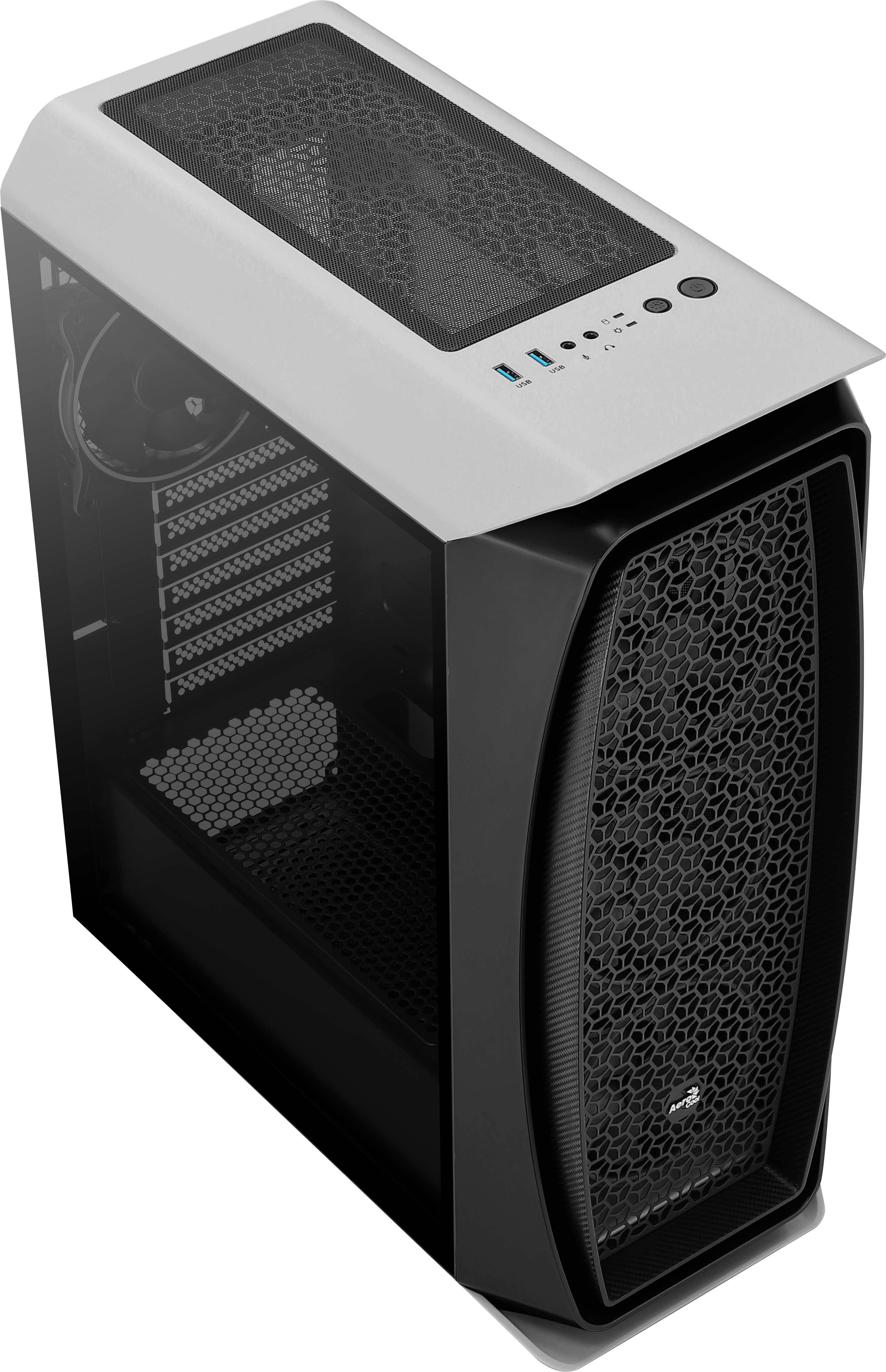 Un case per PC con parte superiore bianca e frontale a nido d'ape nero.