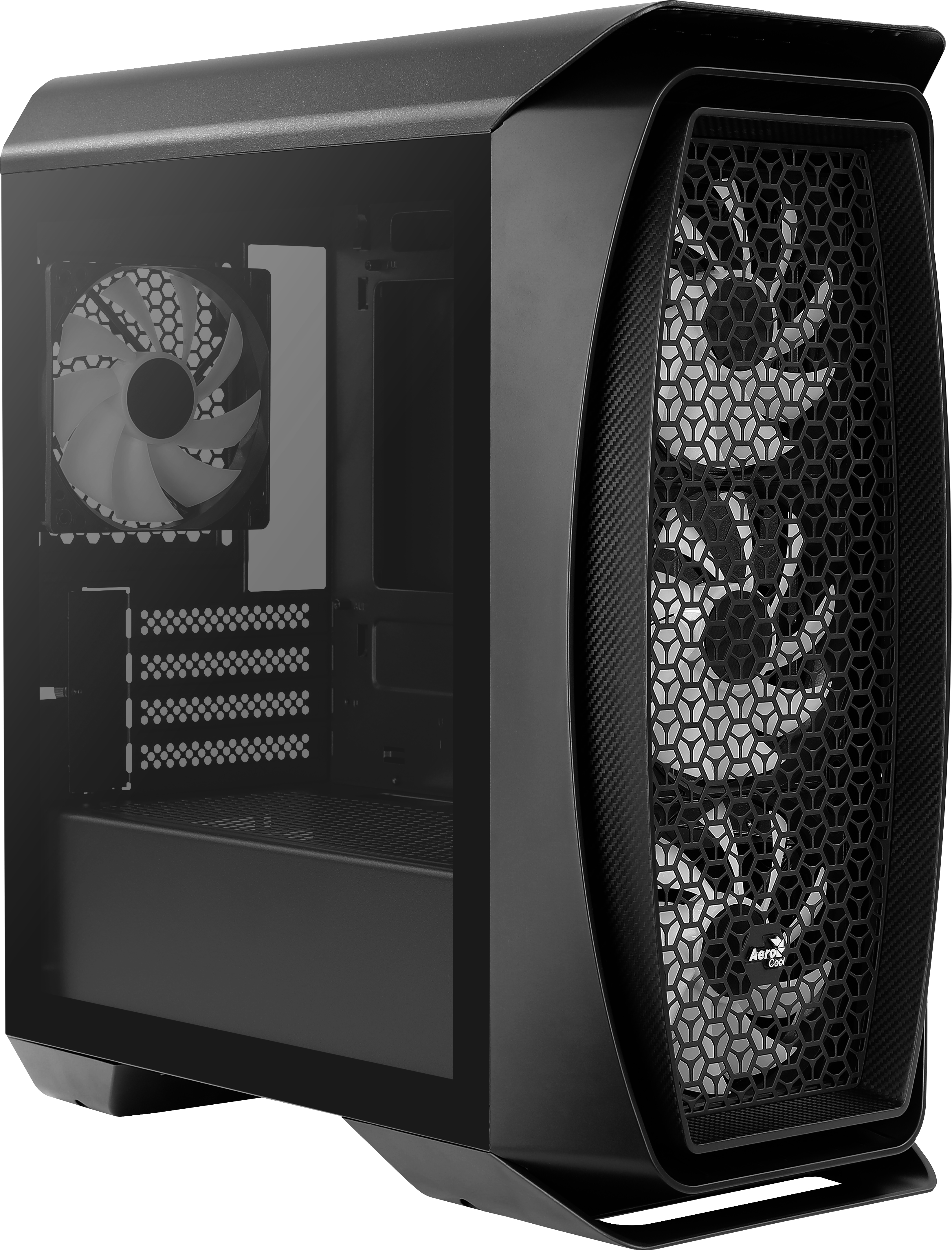 Case per computer nero con pannello laterale in vetro e ventola. Pannello frontale a rete esagonale.