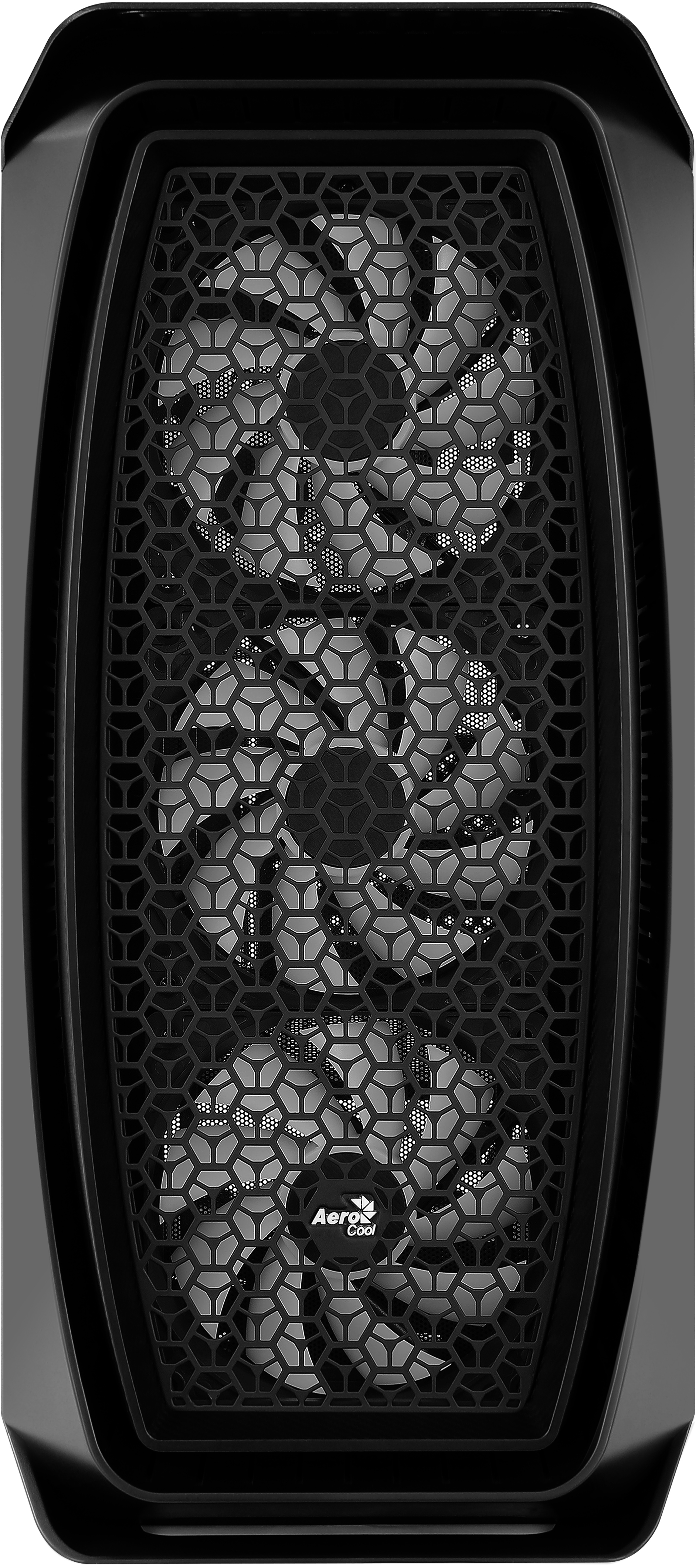 Un frontale di un case nero con tre ventole e un design a rete.