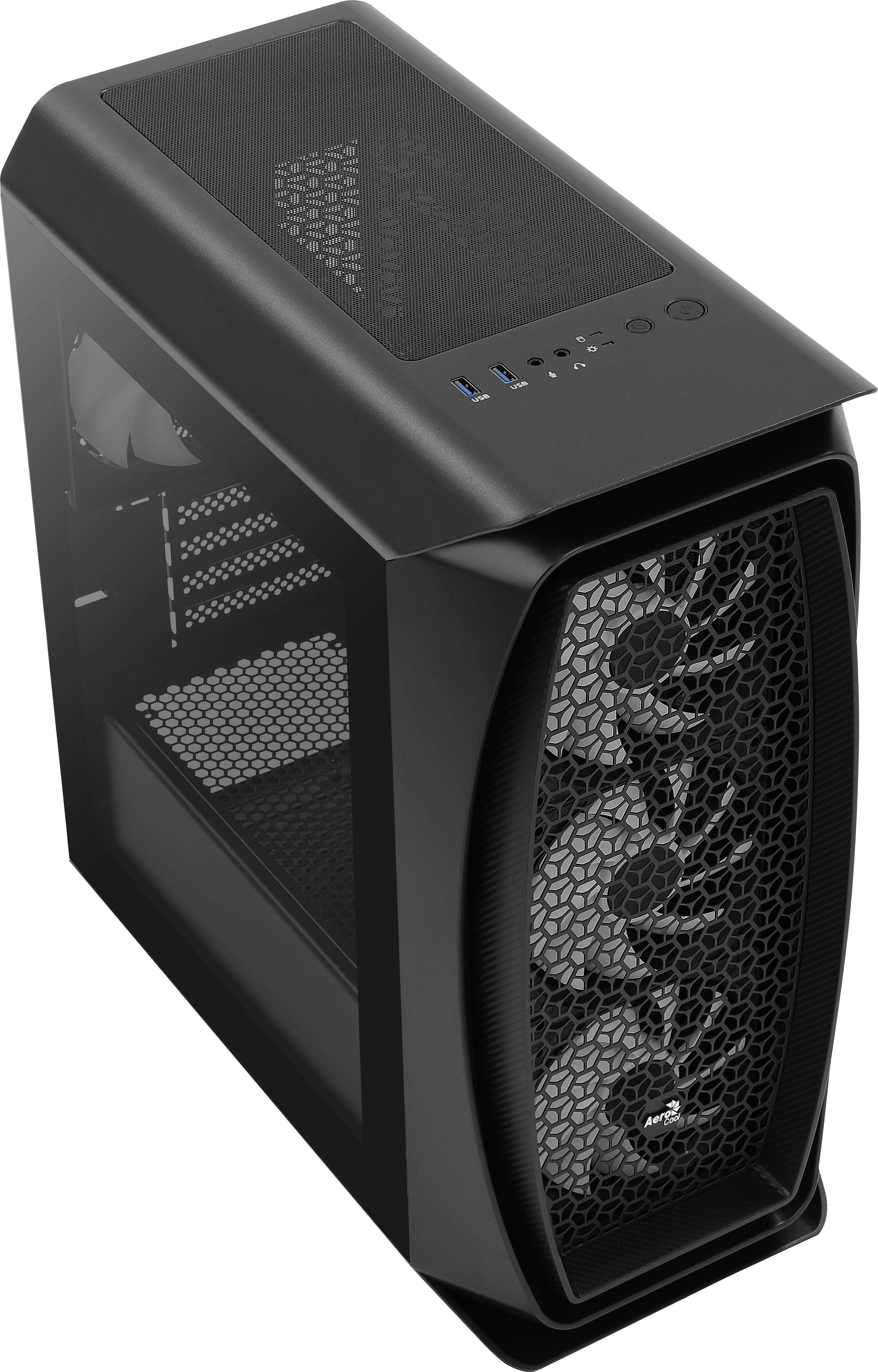 Case per computer nero con frontale a rete. Il pannello superiore ha porte e un pulsante di accensione.