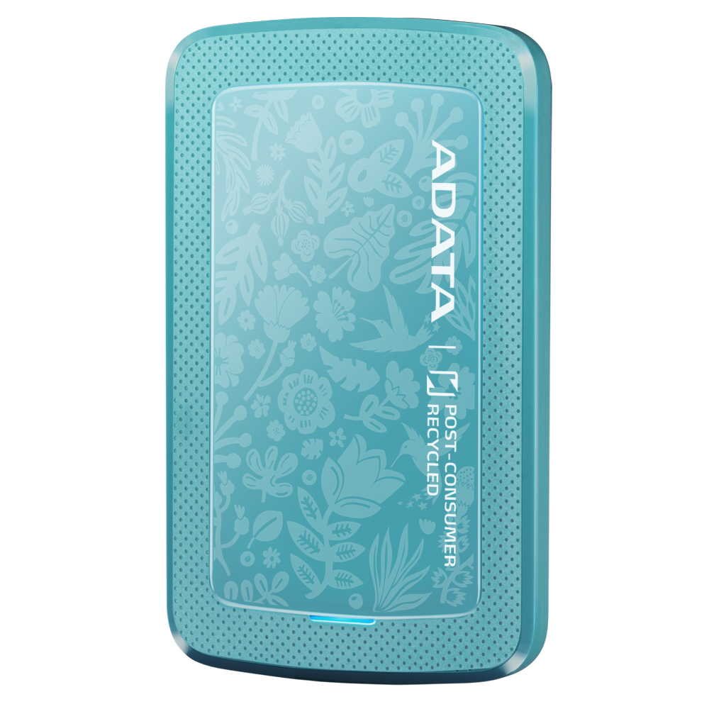 Disco duro externo turquesa con diseño floral. LED azul y palabras ADATA Recycled.