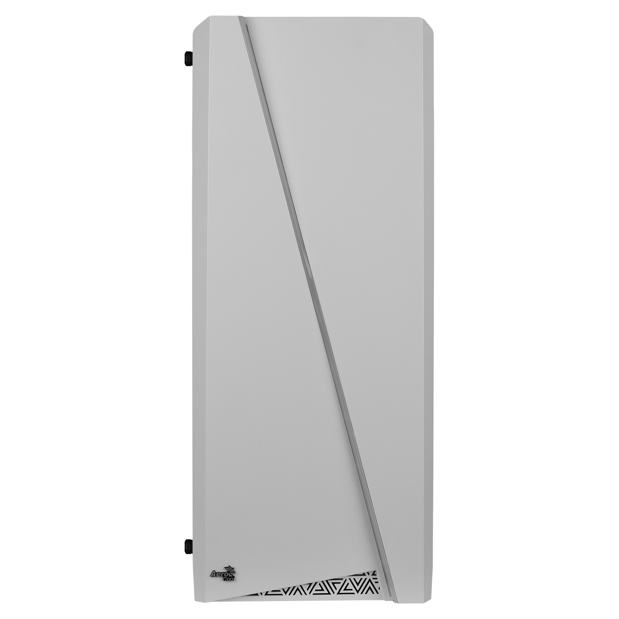 Jasnoszara obudowa komputera z ukośnym srebrnym paskiem i trójkątnym wzorem u podstawy.