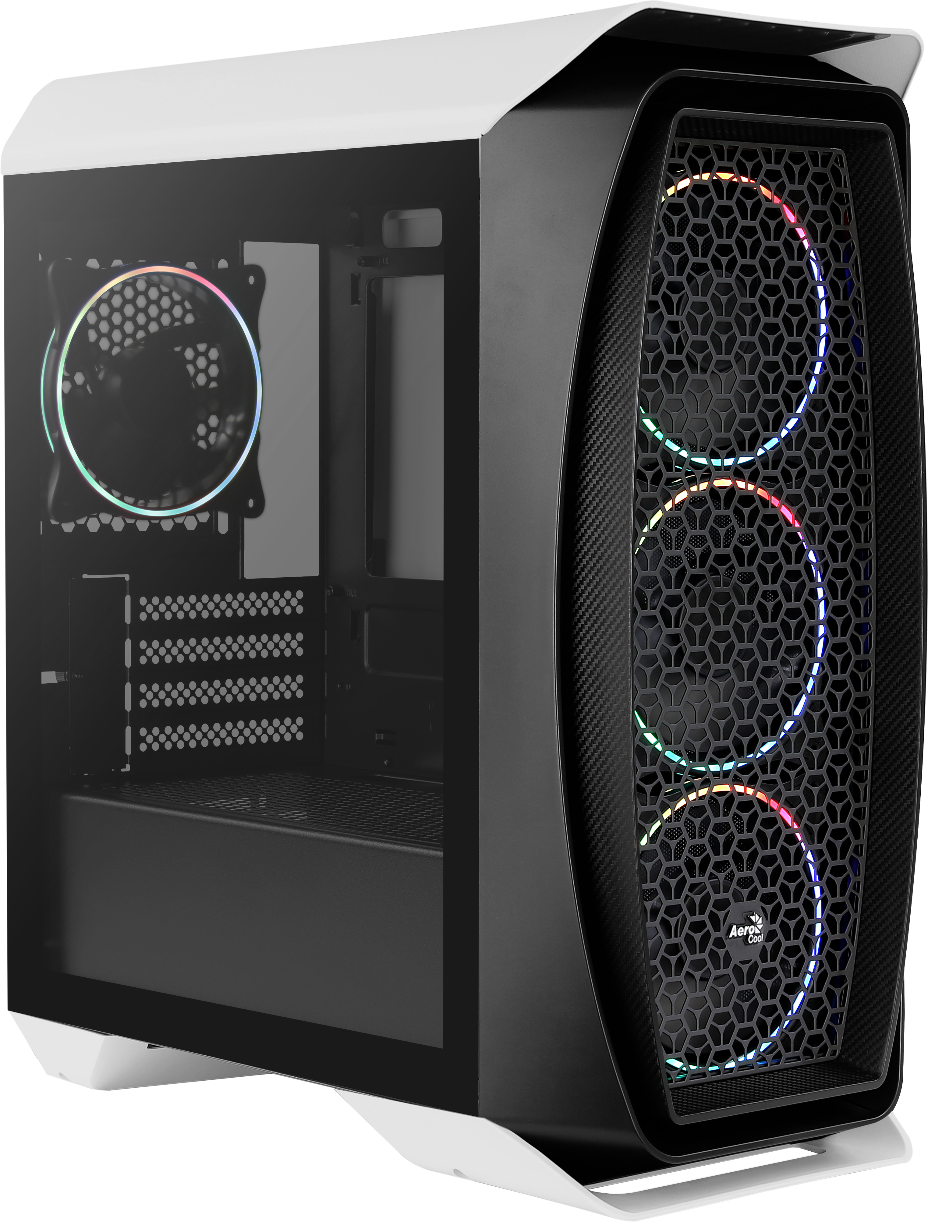 Case PC bianco e nero con pannello laterale in vetro e ventole RGB.
