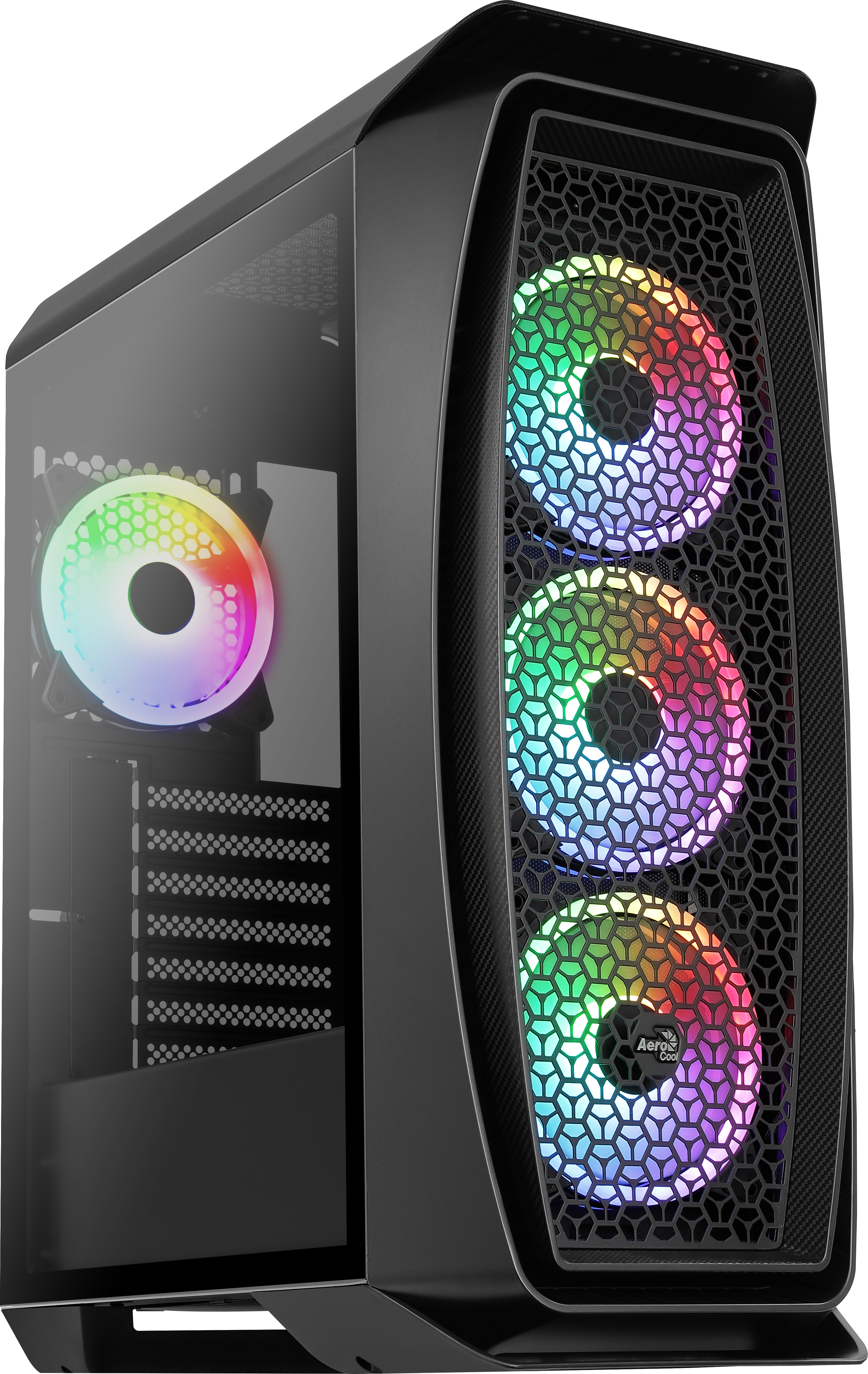 Un case per computer nero con tre ventole color arcobaleno. Il case ha un pannello laterale in vetro, che mostra i componenti interni.