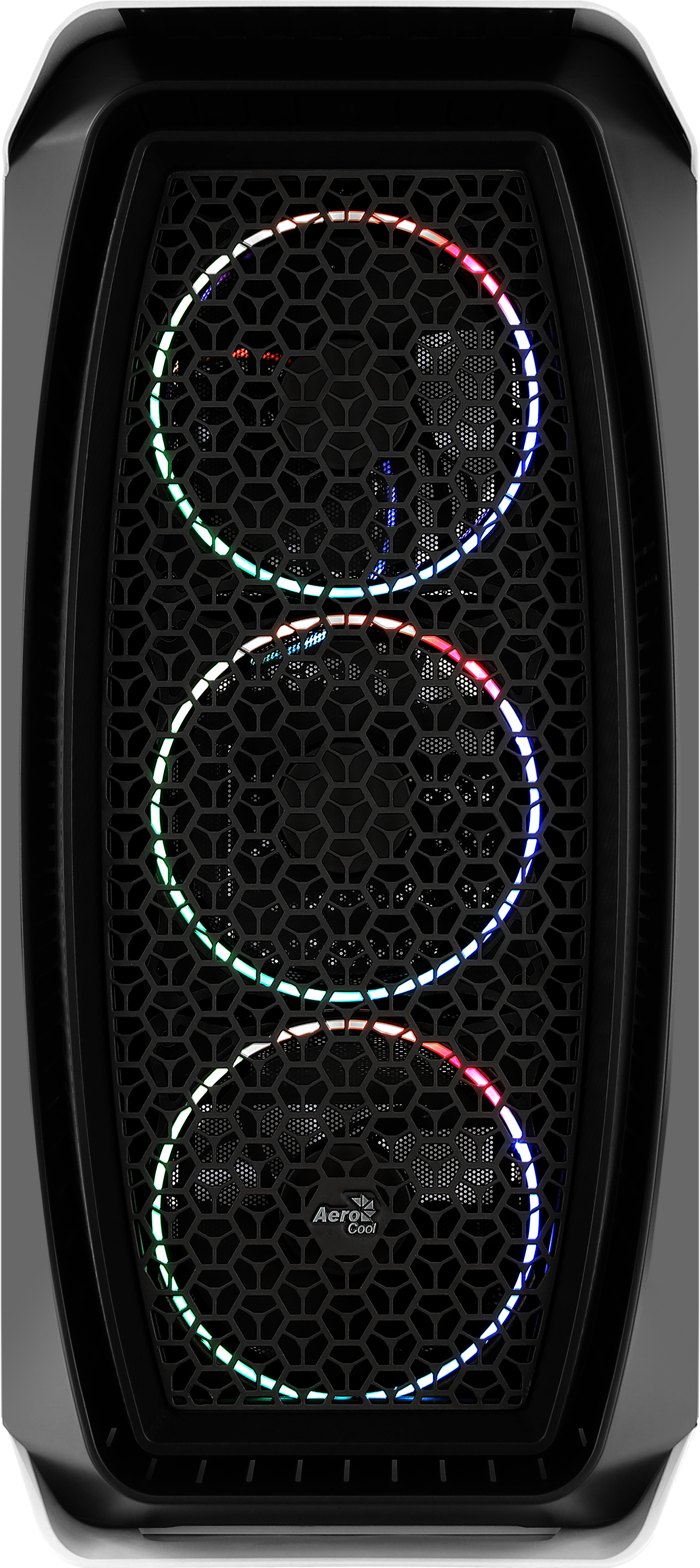 Pannello frontale nero del case del computer con ventole colorate illuminate.