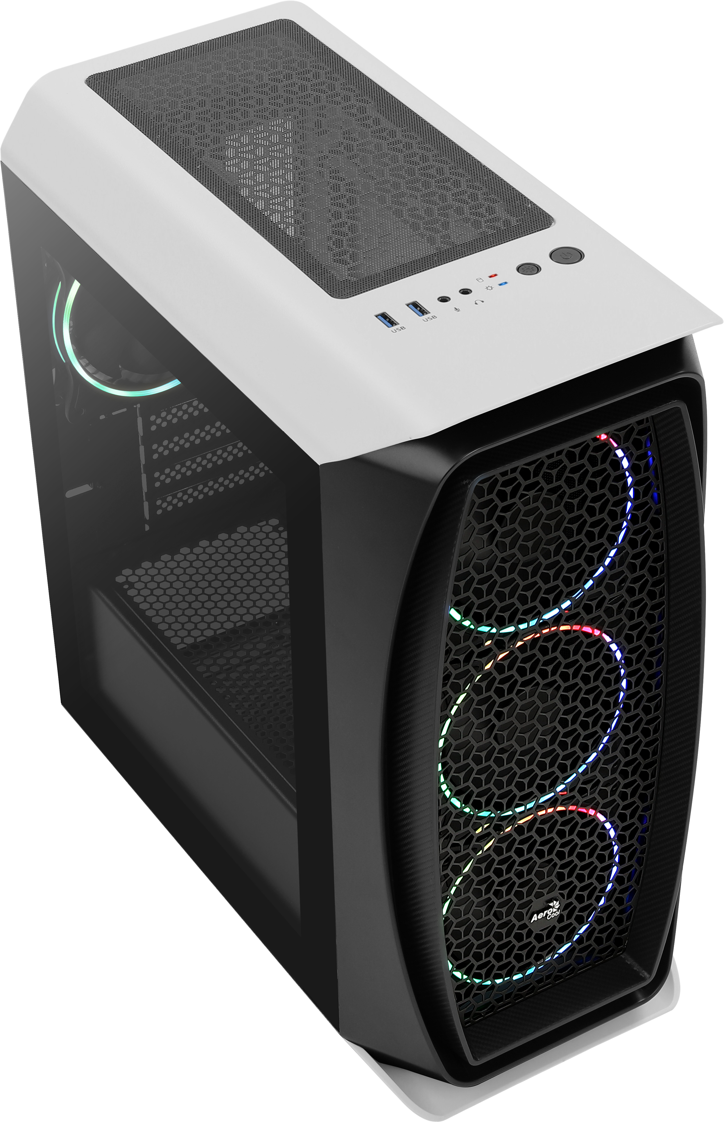 Case per computer bianco e nero con luci colorate delle ventole, vista dall'alto.