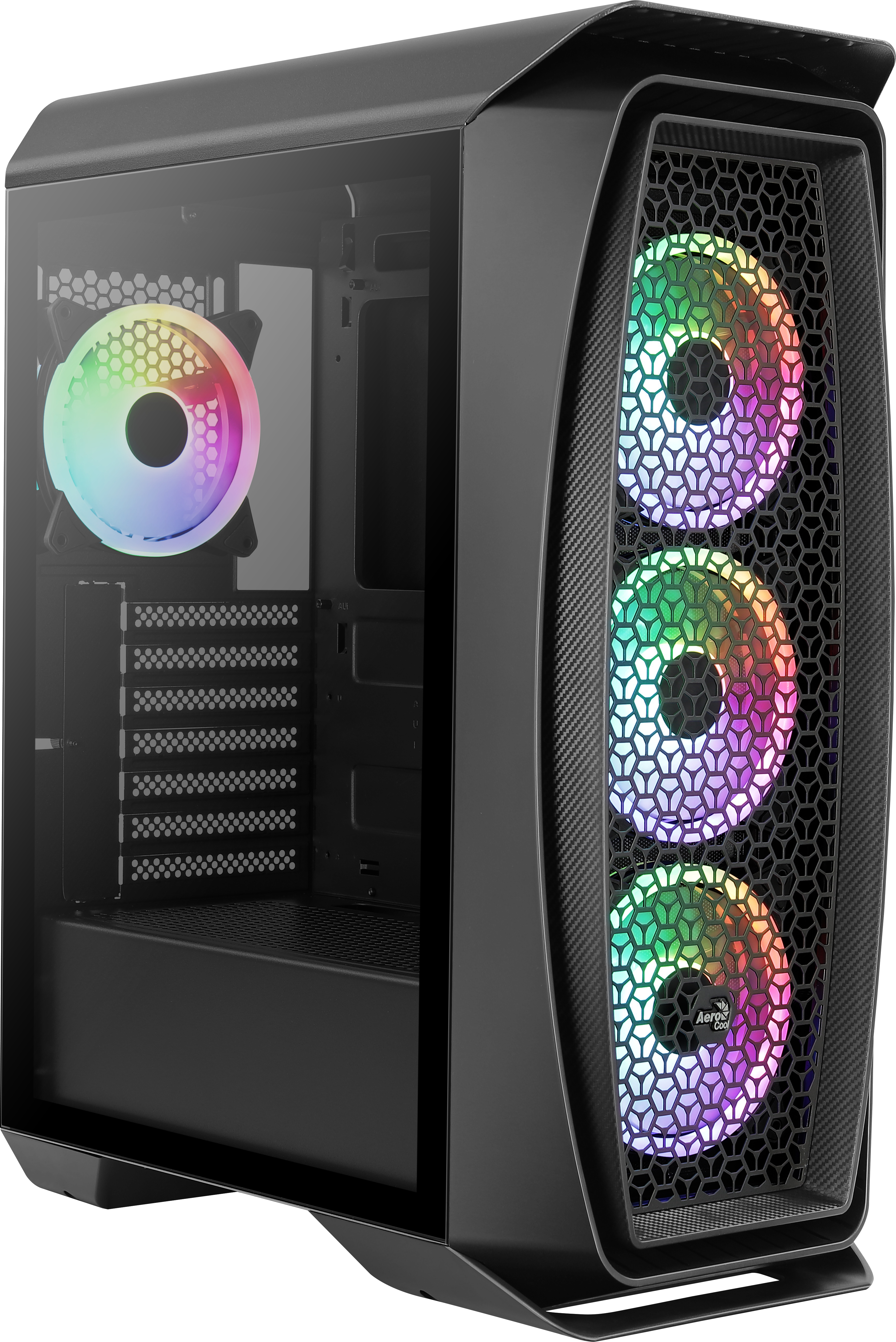 Un case per computer nero con tre ventole colorate. Ha un pannello laterale in vetro e un frontale a rete.